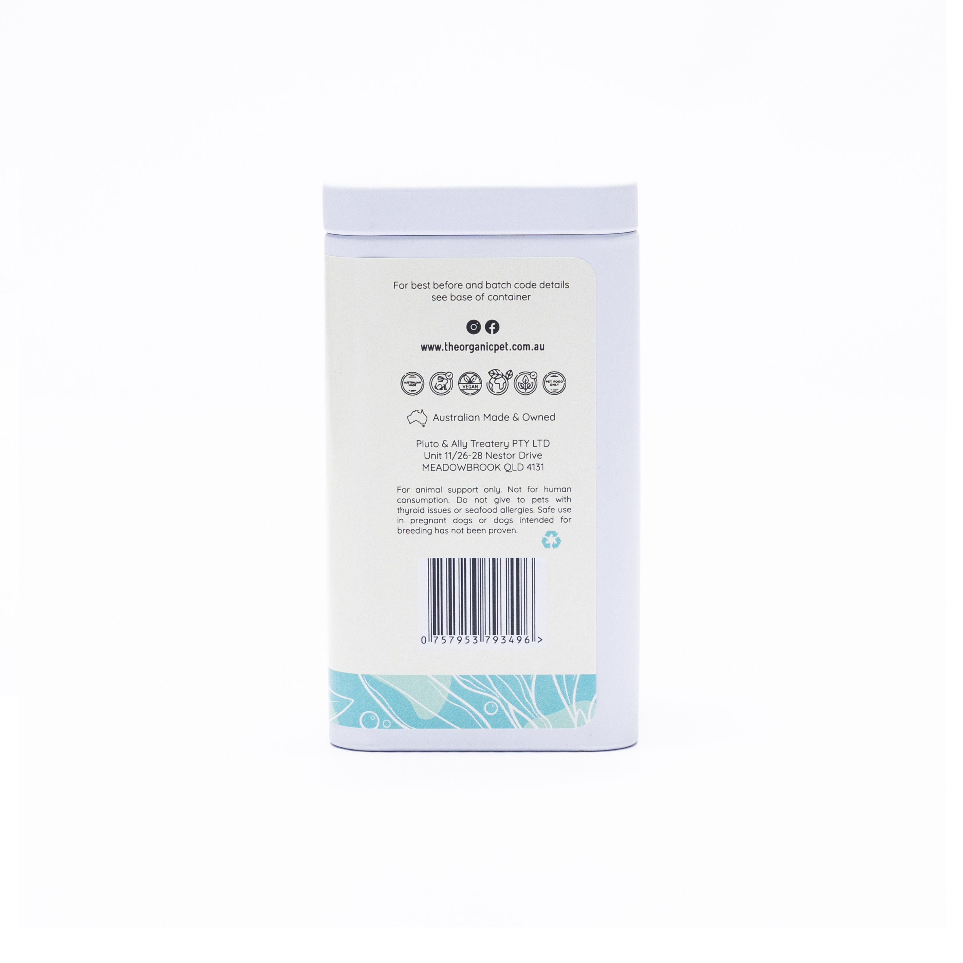 Australian made organic pet dental supplement tin with product and company information