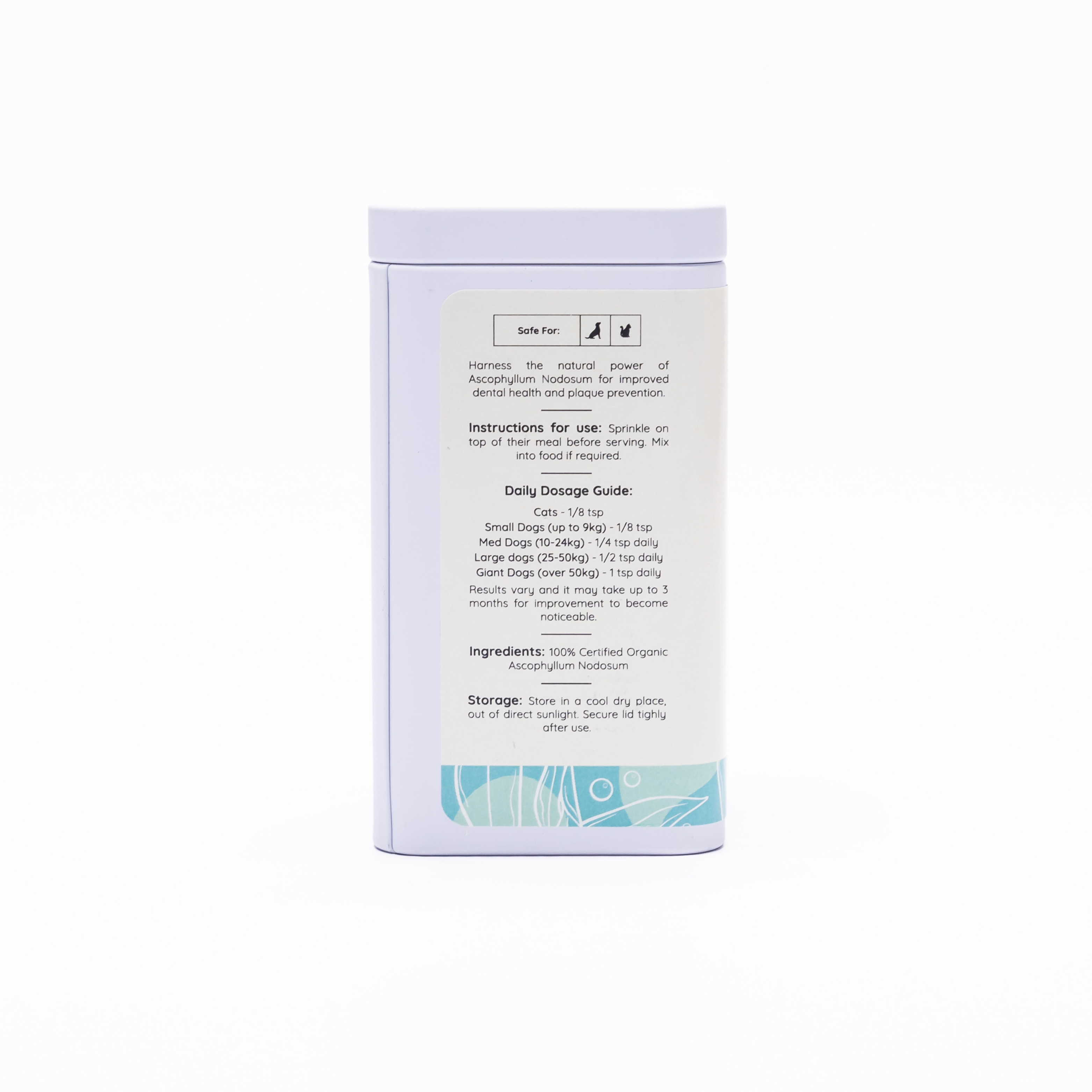 Back label of dental health powder for dogs showing dosage guide and organic ingredients