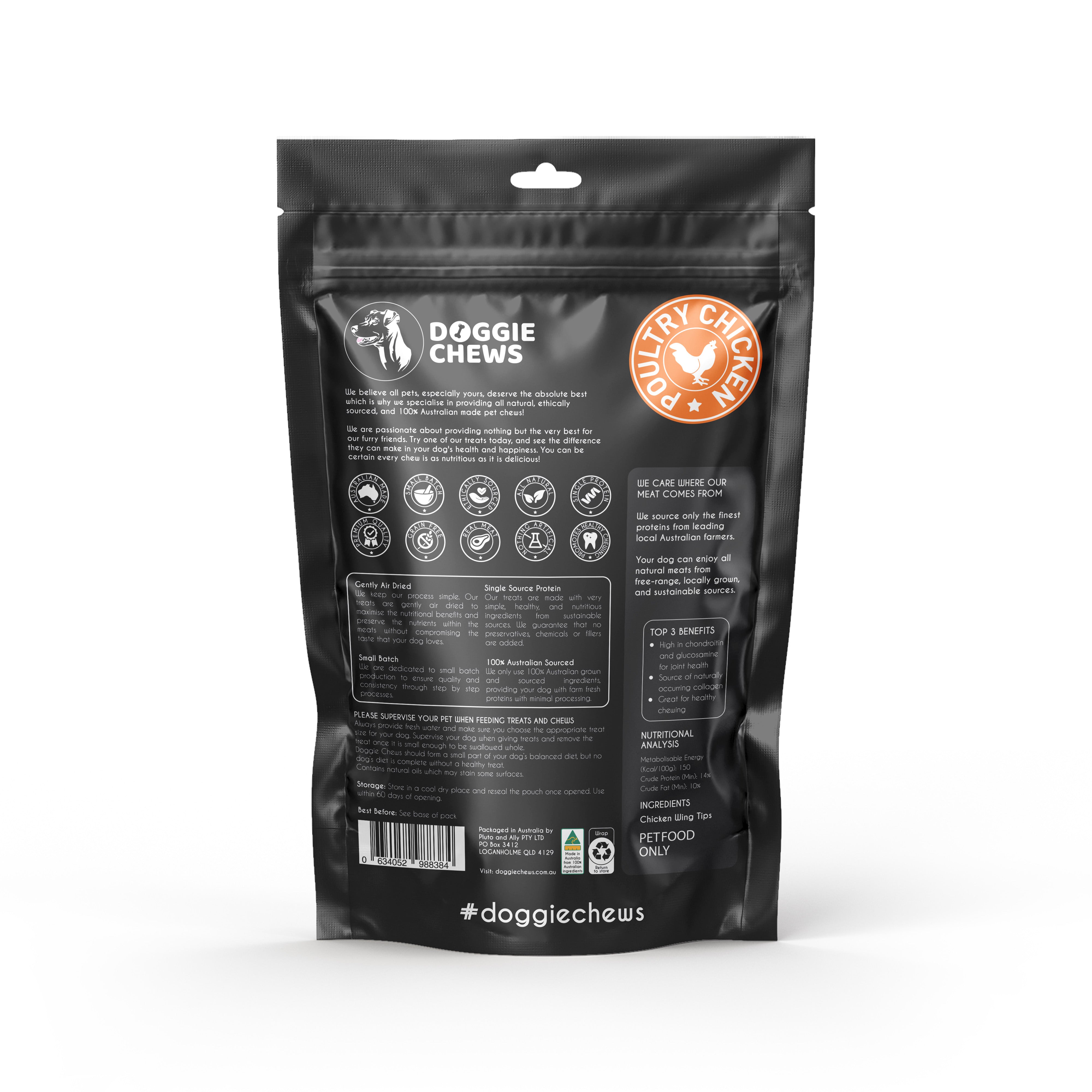 Back of Doggie Chews Chicken Wing Tips pack showing ingredients benefits and Australian sourcing.