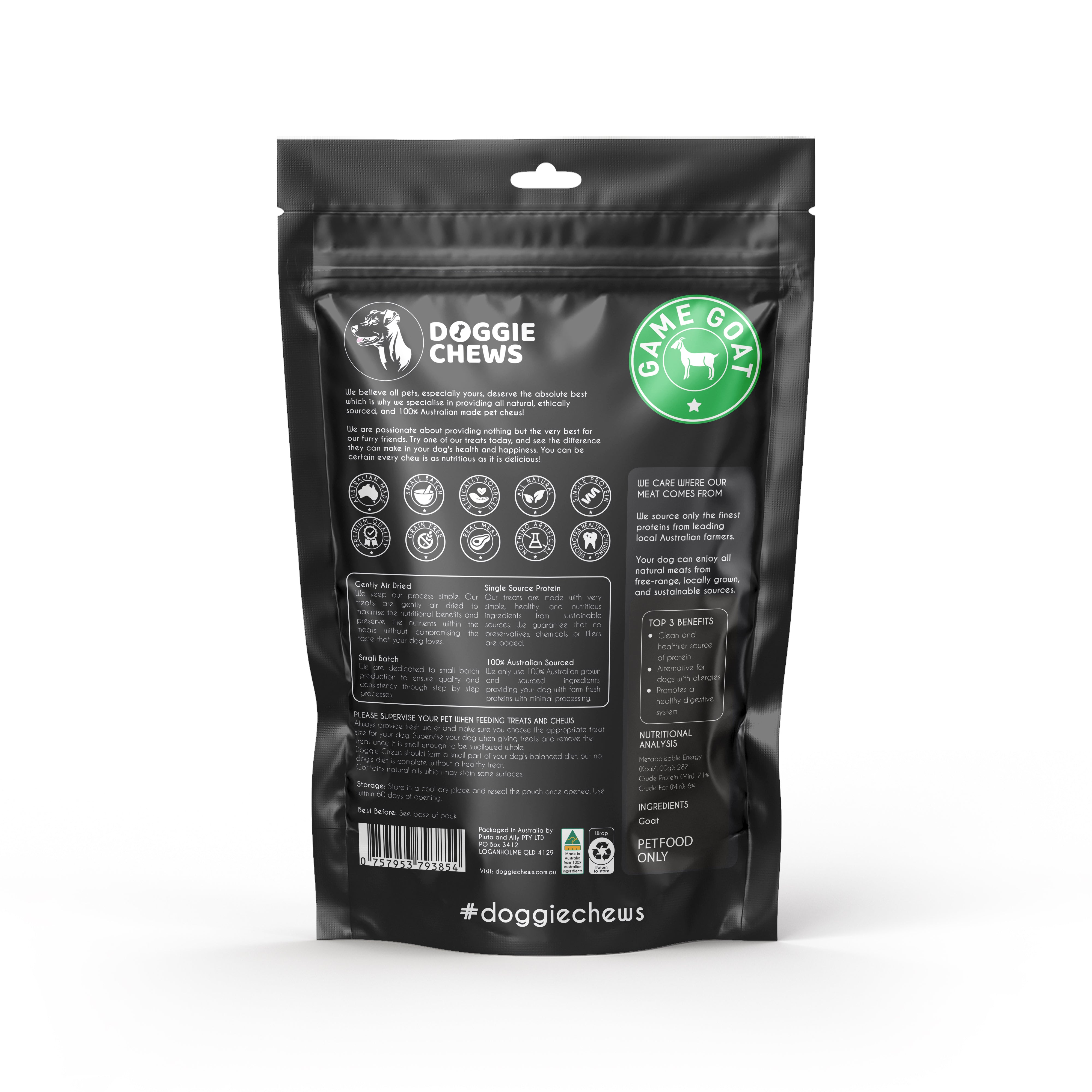 Back of Doggie Chews Goat Horn pack showing benefits sustainable sourcing and nutritional information for dogs.