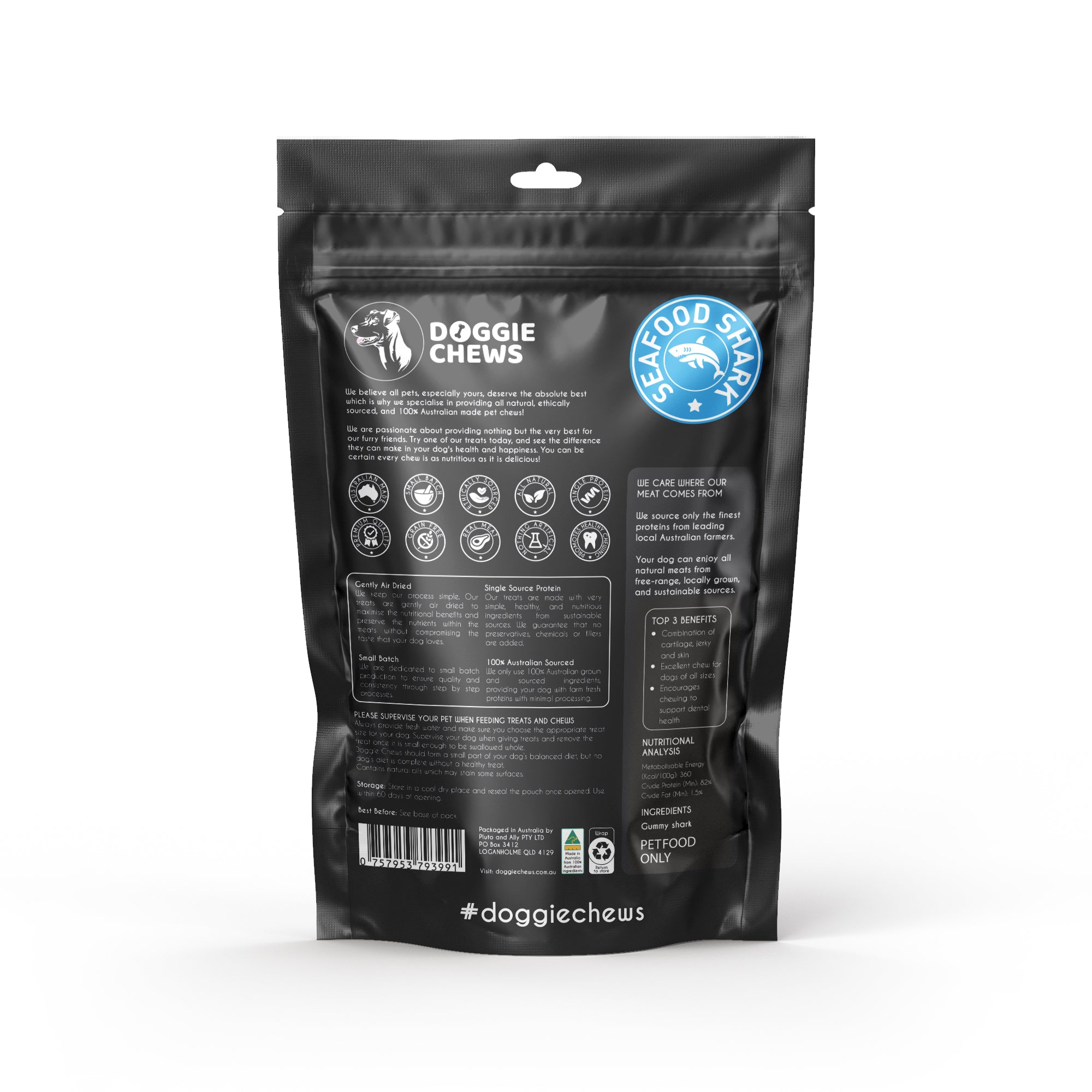 Back of Doggie Chews Shark Tail Chews pack showing nutritional benefits and sustainable sourcing.