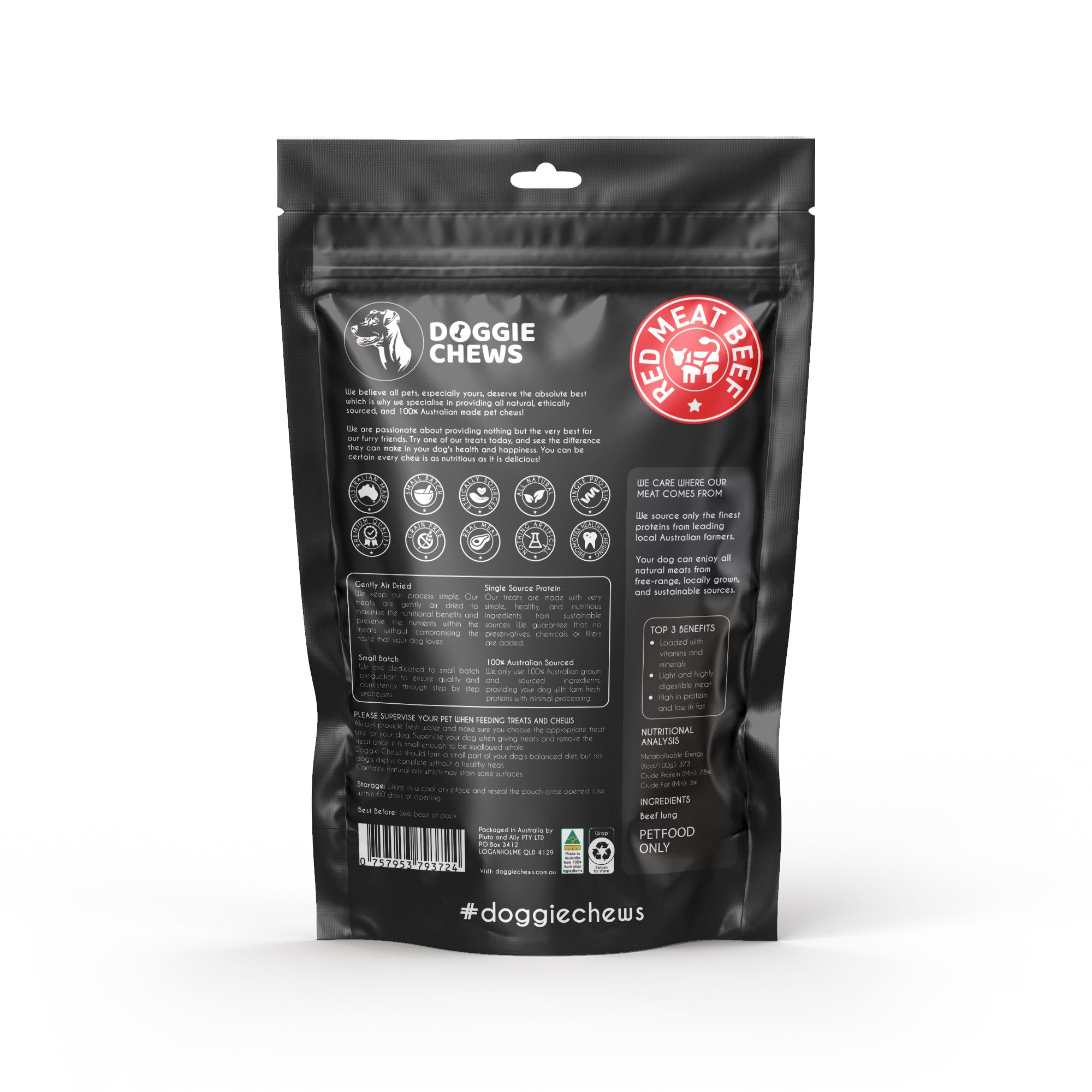 Back of Doggie Chews beef lung crisps packaging showing nutritional information and 100 percent Australian beef source