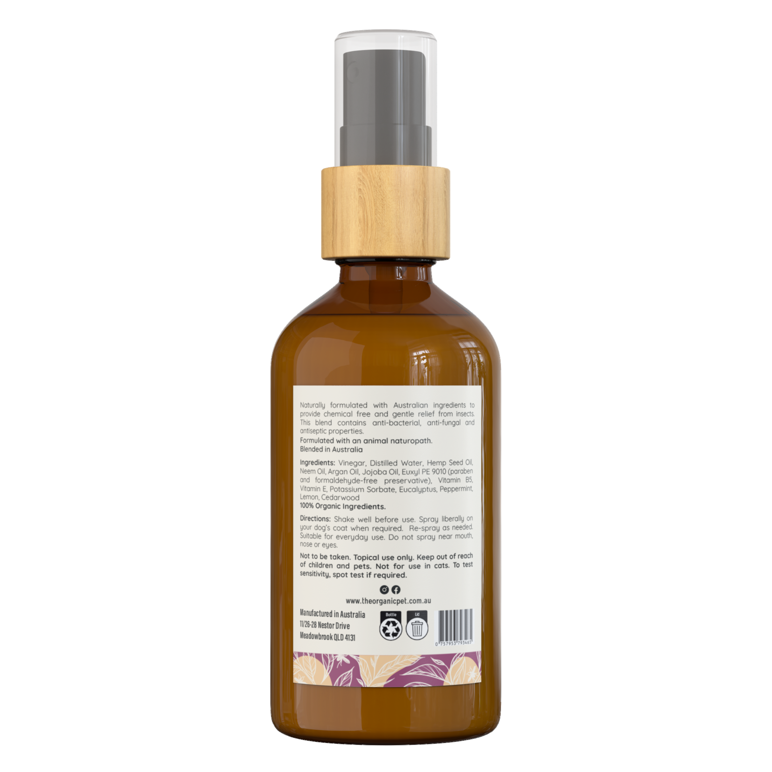 Back of Natural Hemp Insect Repellent showing ingredients like hemp seed oil neem and eucalyptus.