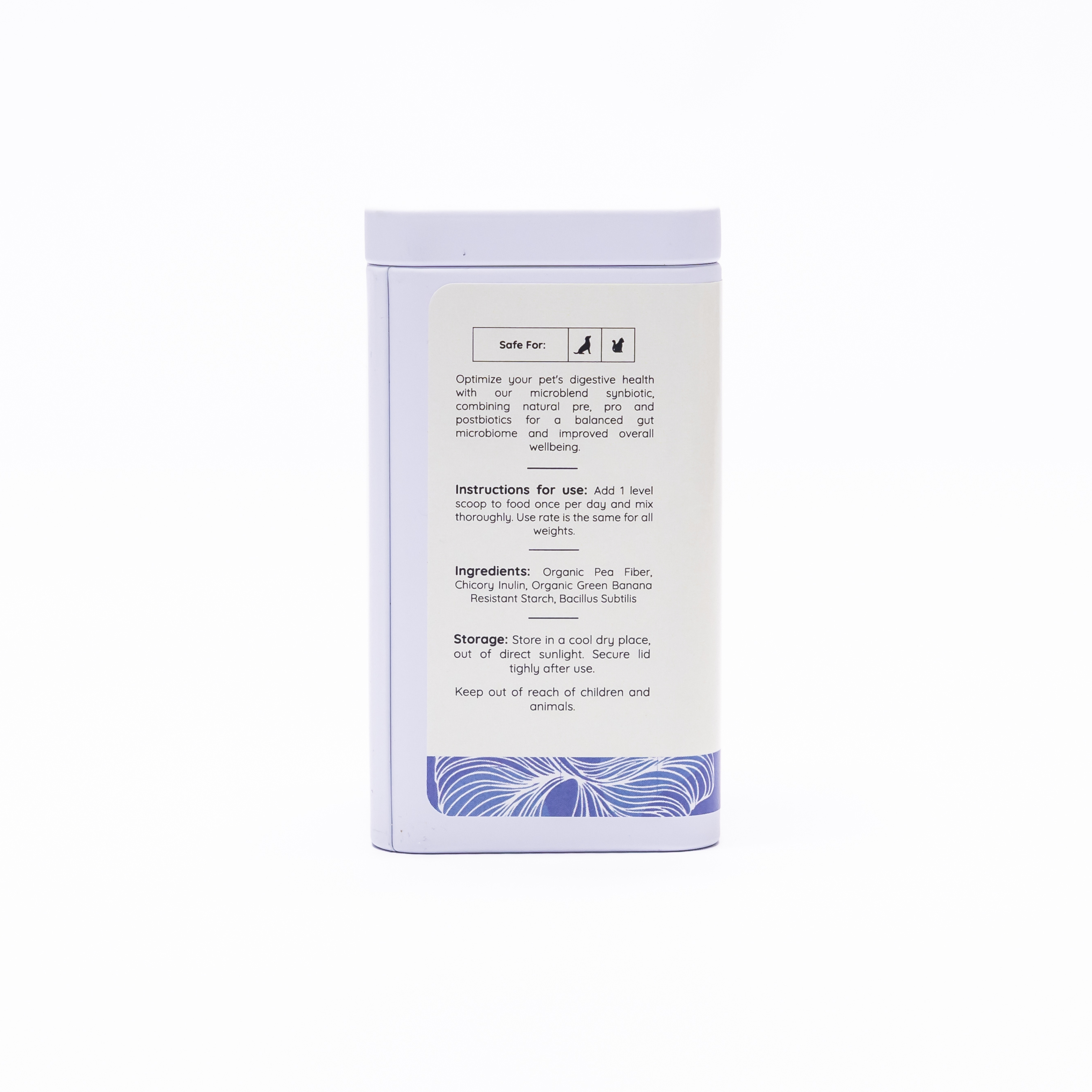 Back of Synbiotic probiotic supplement showing natural ingredients like pea fiber chicory and banana starch.