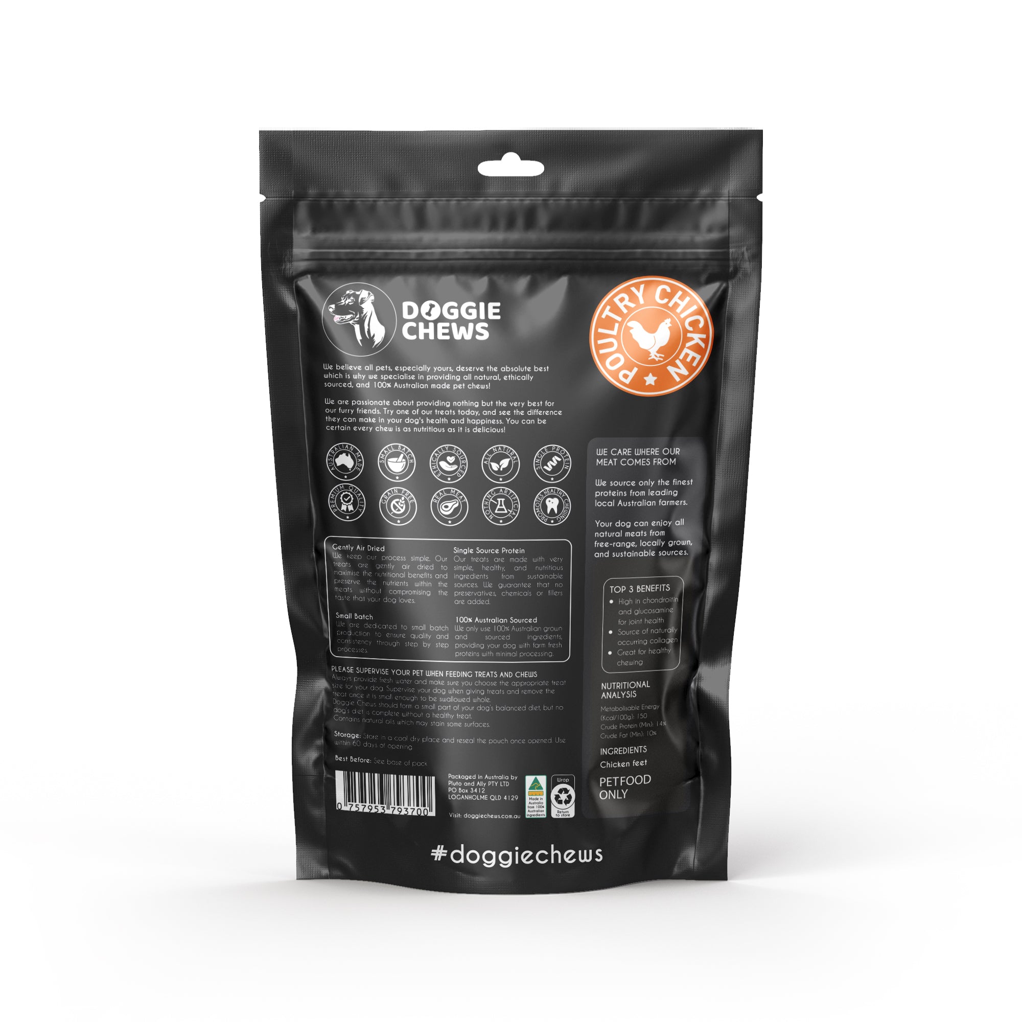 Back of chicken feet dog treat packaging showing ingredients and nutritional information