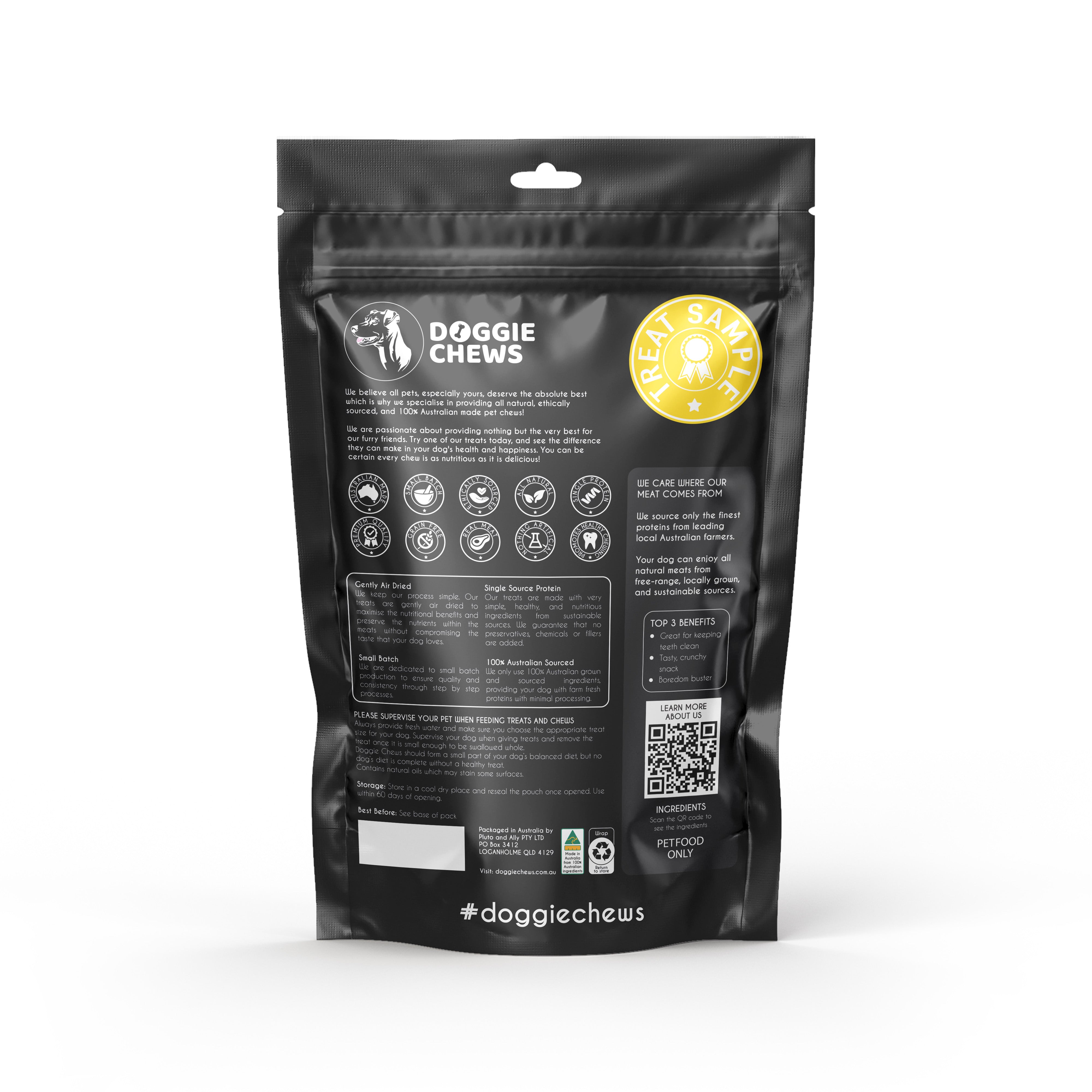 Back of sample dog treat bag showing natural ingredients and feeding guide
