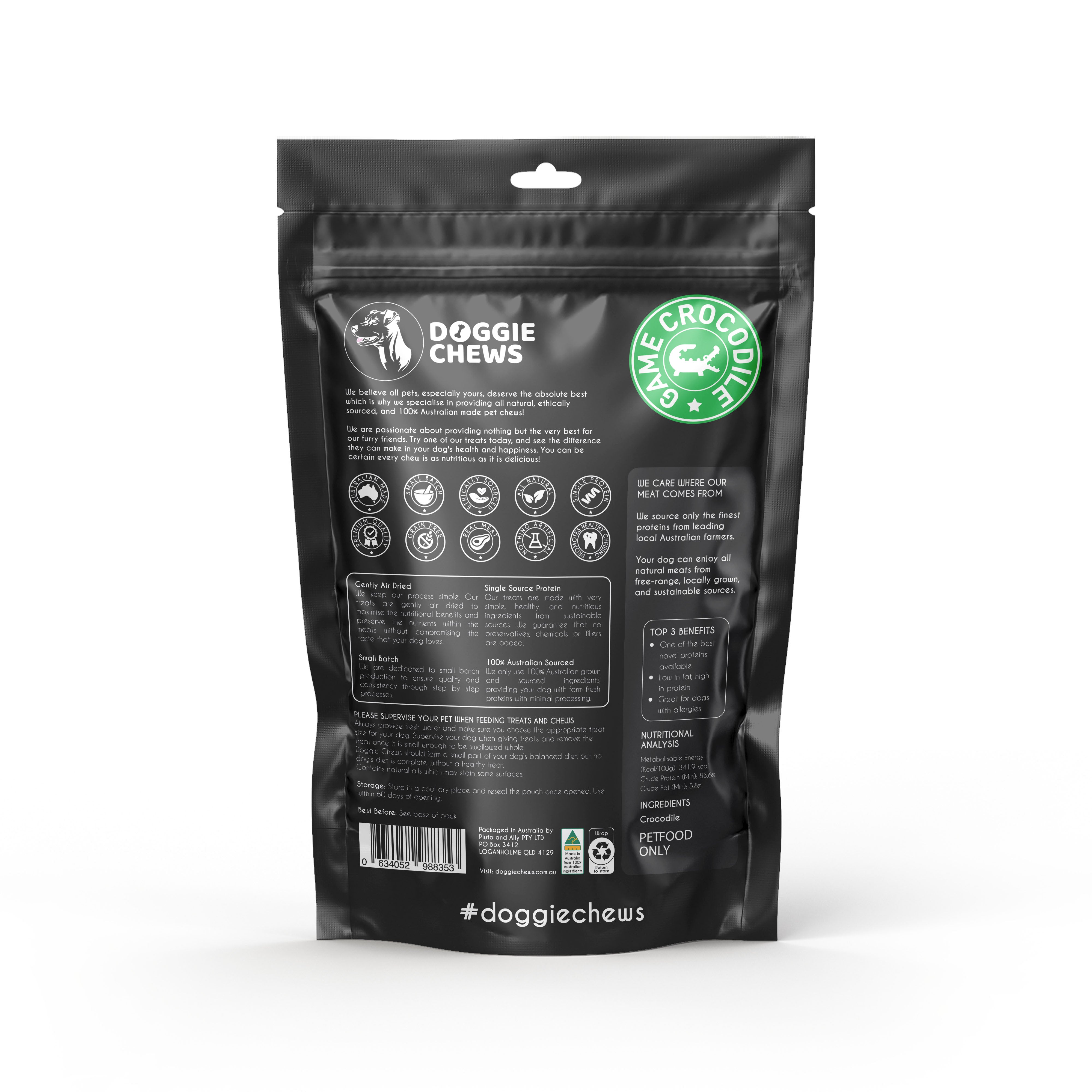 Back packaging of crocodile dog treats Australia showing ethical sourcing and nutritional benefits