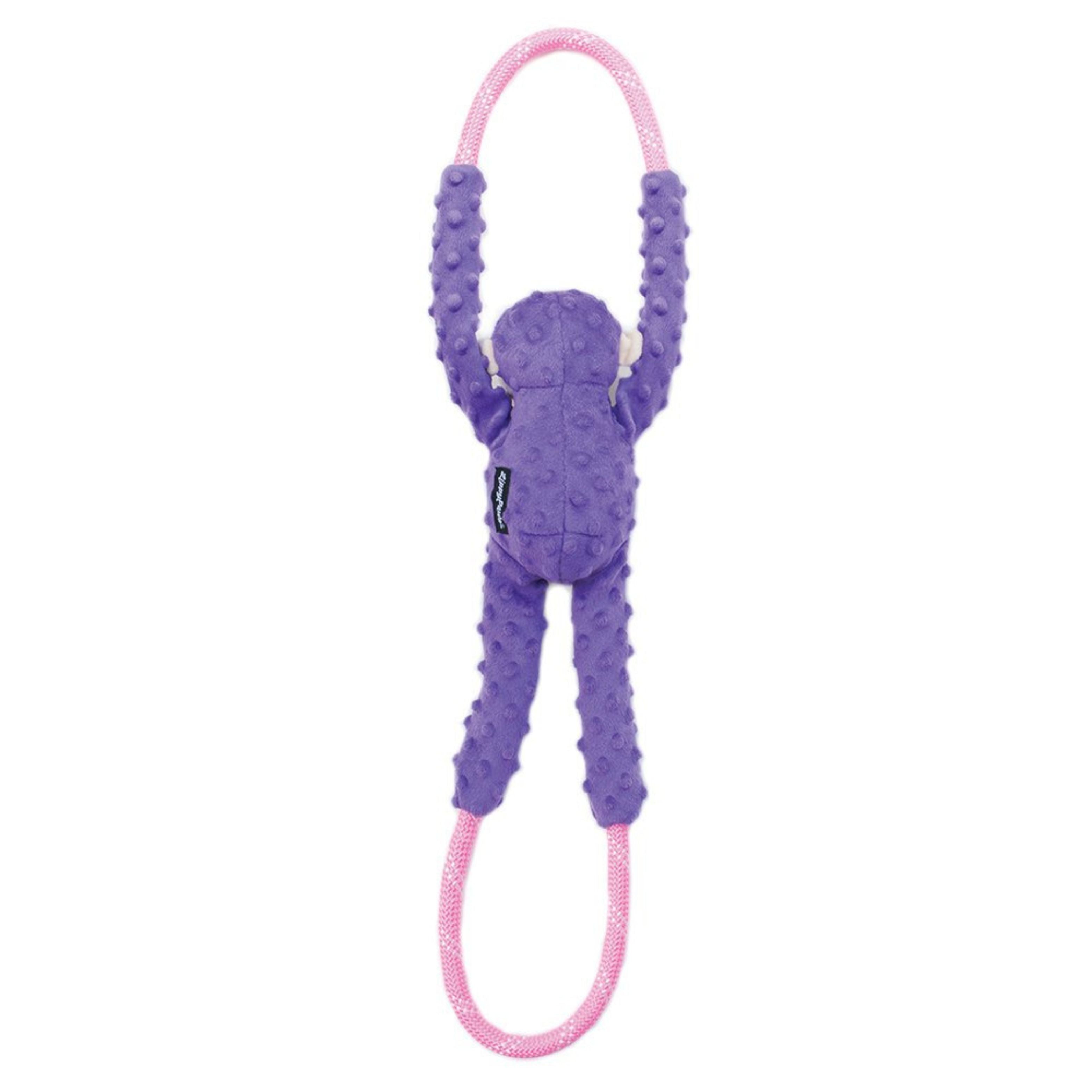 Back view of Zippy Paws RopeTugz Purple Monkey plush toy with rope loops for tough play.