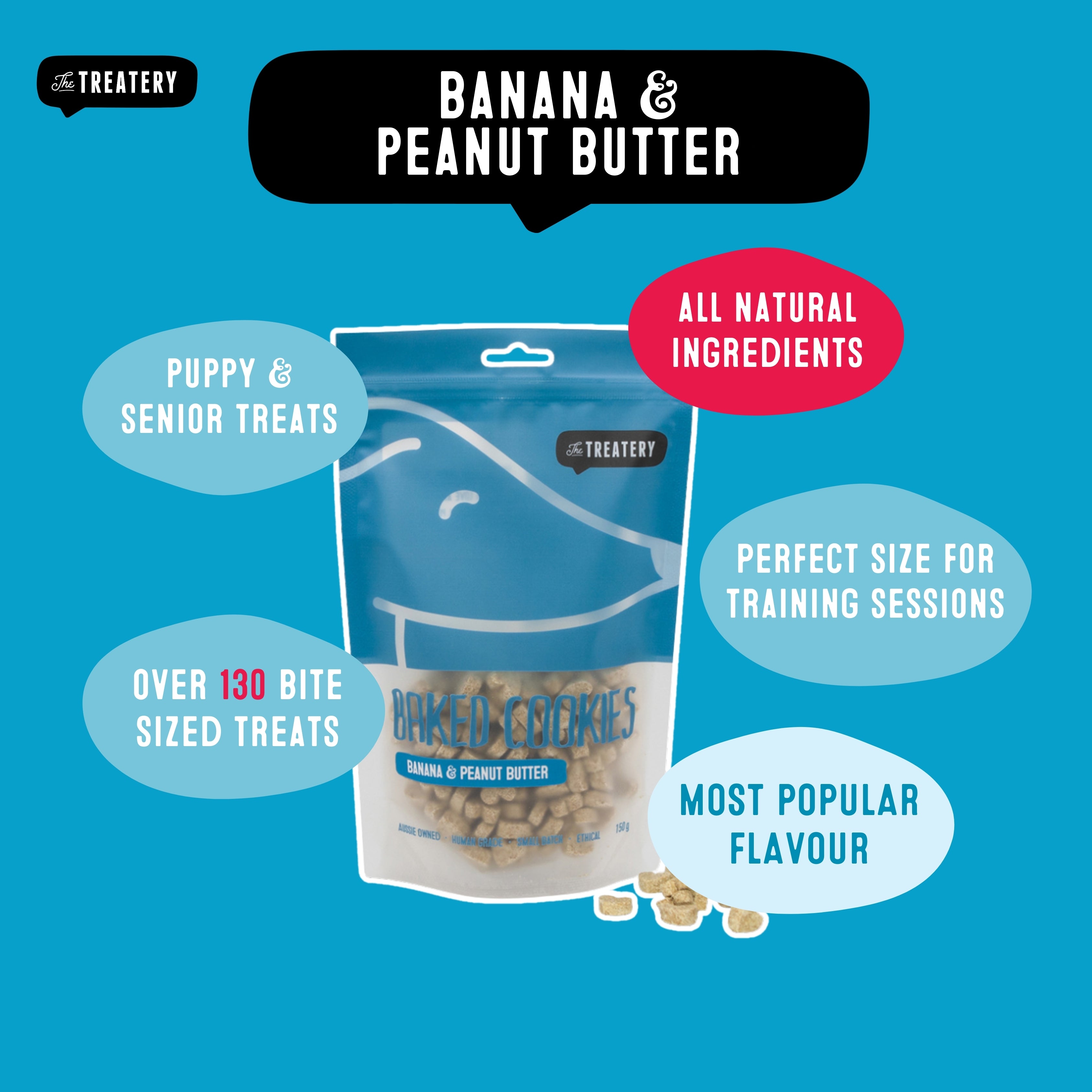 Banana and peanut butter baked cookies for dogs with all natural ingredients.