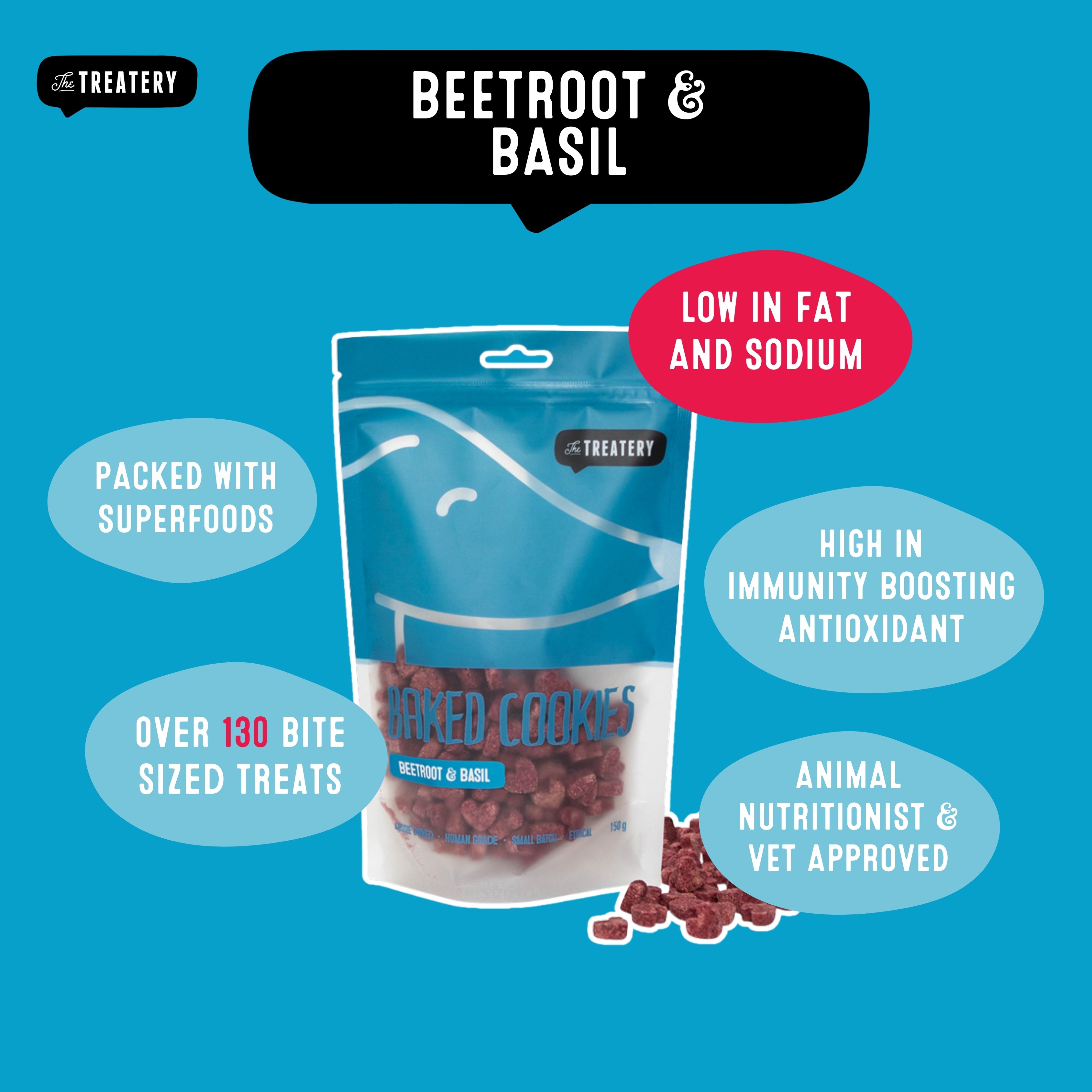 Basil dog treats with beetroot, low fat, superfood-packed baked cookies.