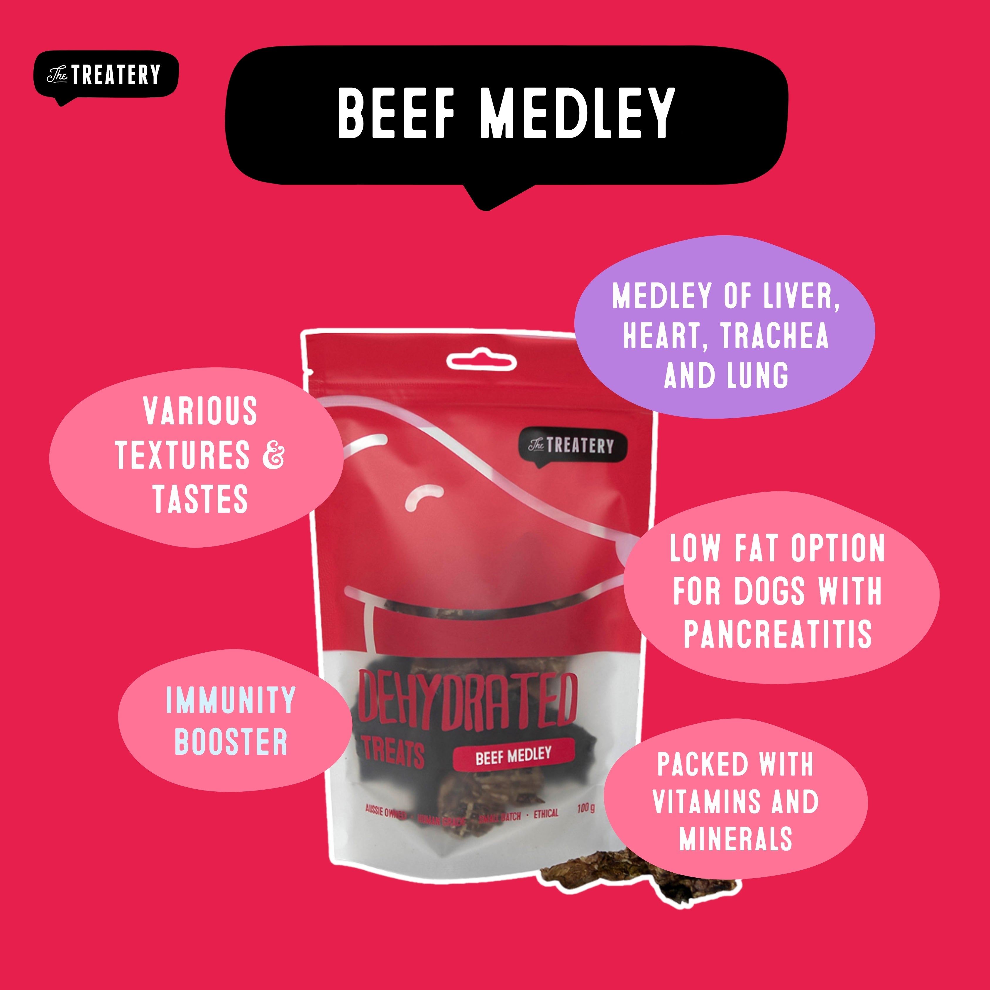 Beef Medley dog treats featuring liver heart trachea and lung low fat dehydrated blend
