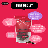 Beef Medley dog treats featuring liver heart trachea and lung low fat dehydrated blend