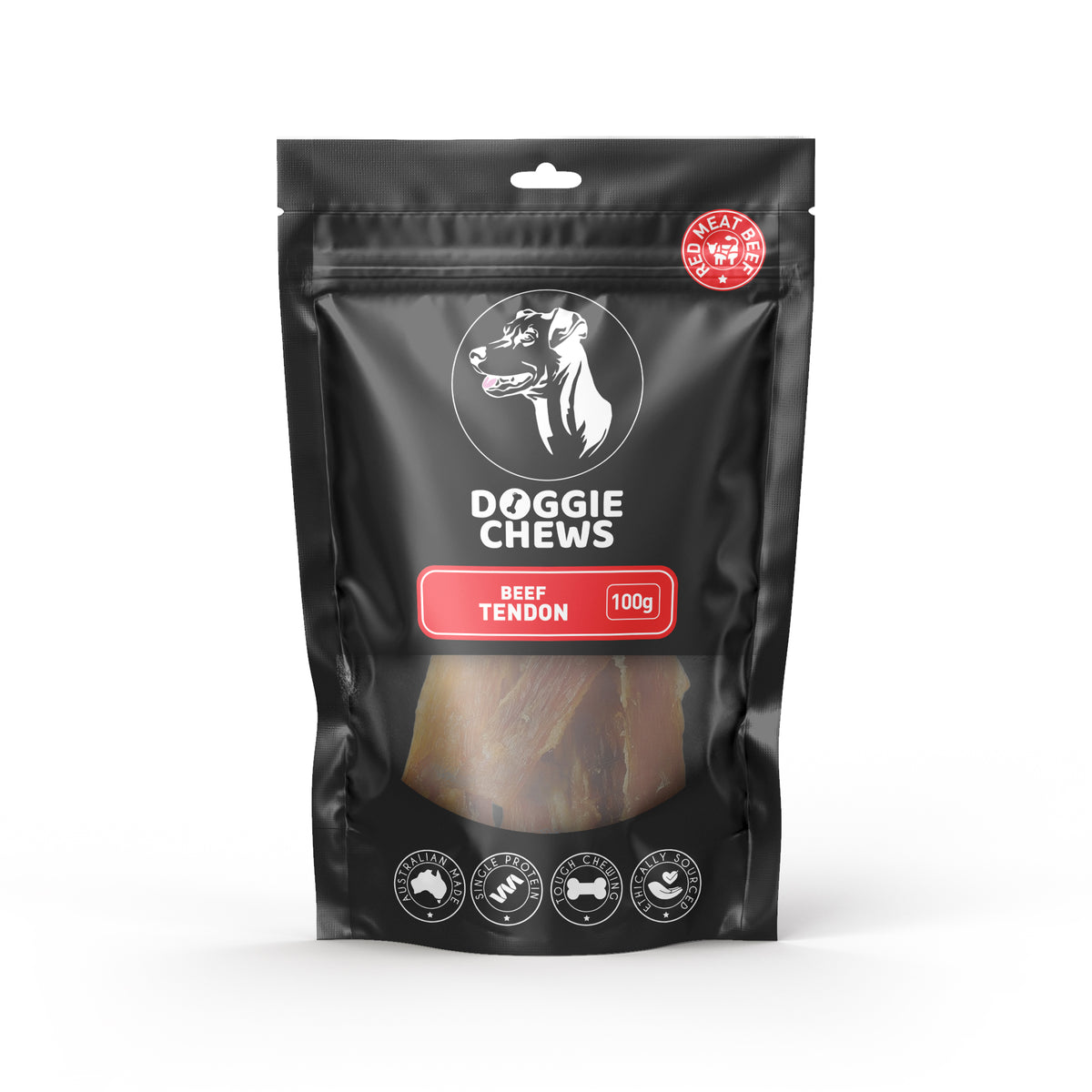 Packaging of Doggie Chews Beef Tendon Long Lasting Dog Chew, showing the product in a clear window on a black background with branding and information labels.
