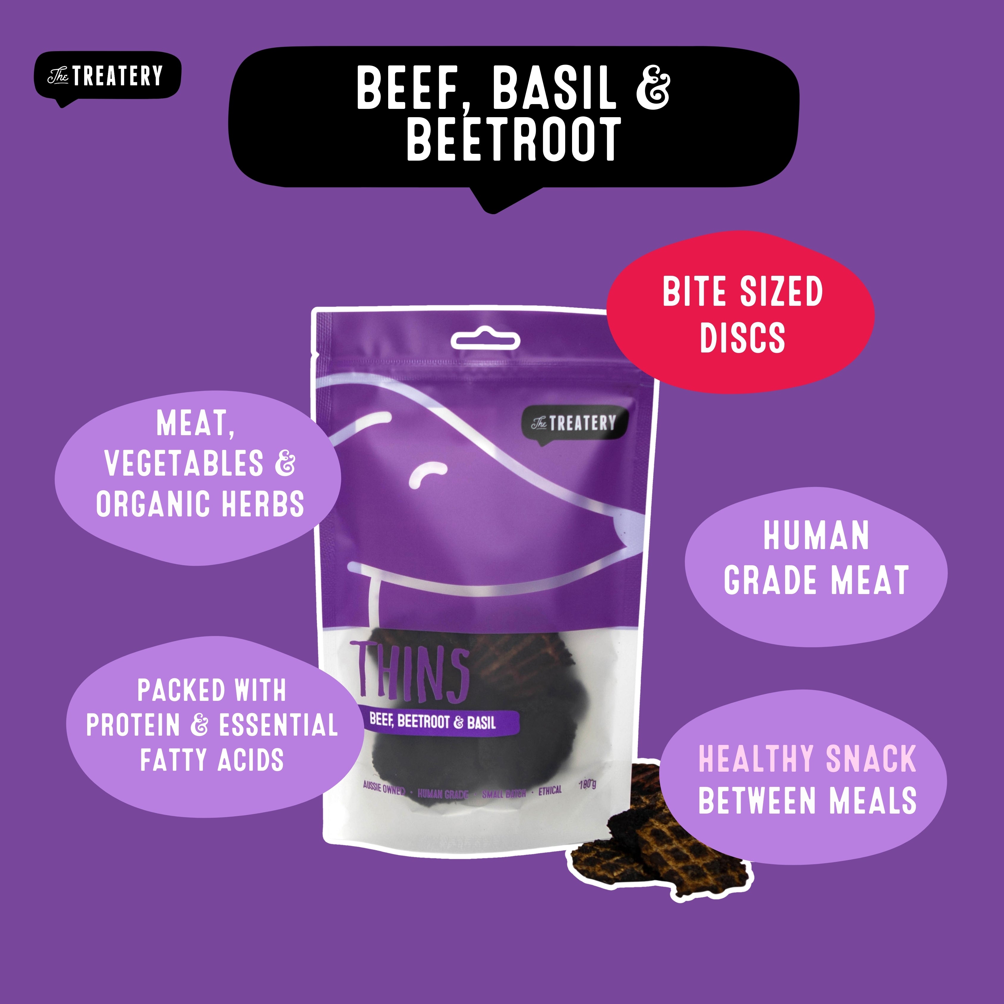 Beef beetroot and basil thins healthy dog treats made with real meat herbs and vegetables by The Treatery