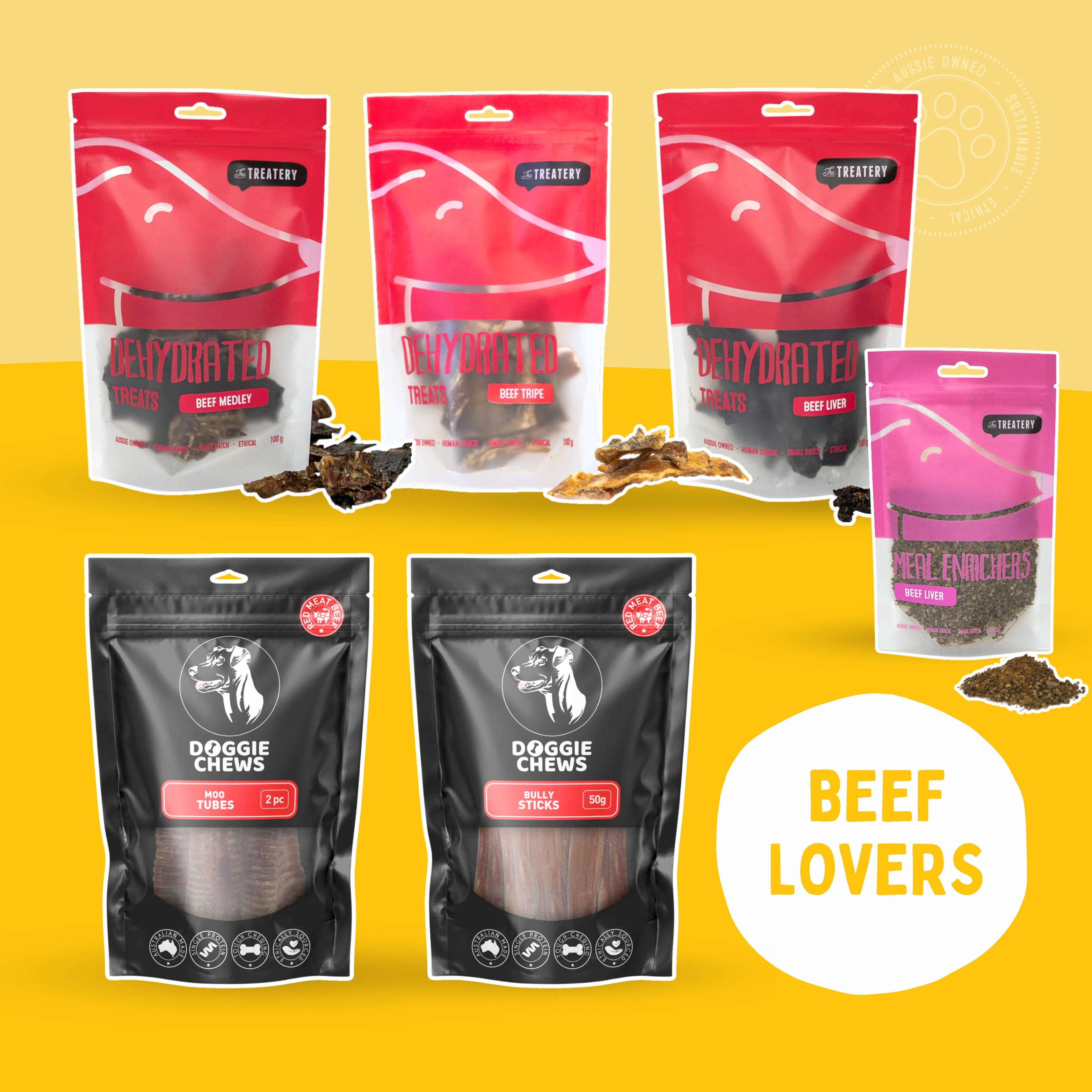 Beef lovers dog treat bundle with beef liver tripe medley moo tubes and bully sticks protein rich treats