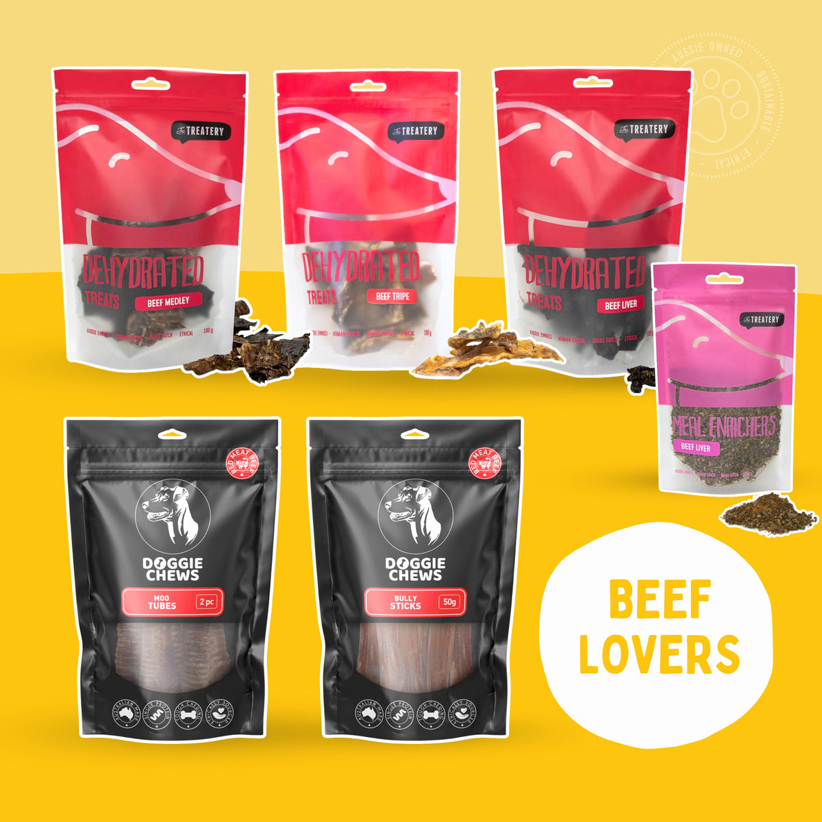 Beef lovers dog treat bundle with beef liver tripe medley moo tubes and bully sticks protein rich treats