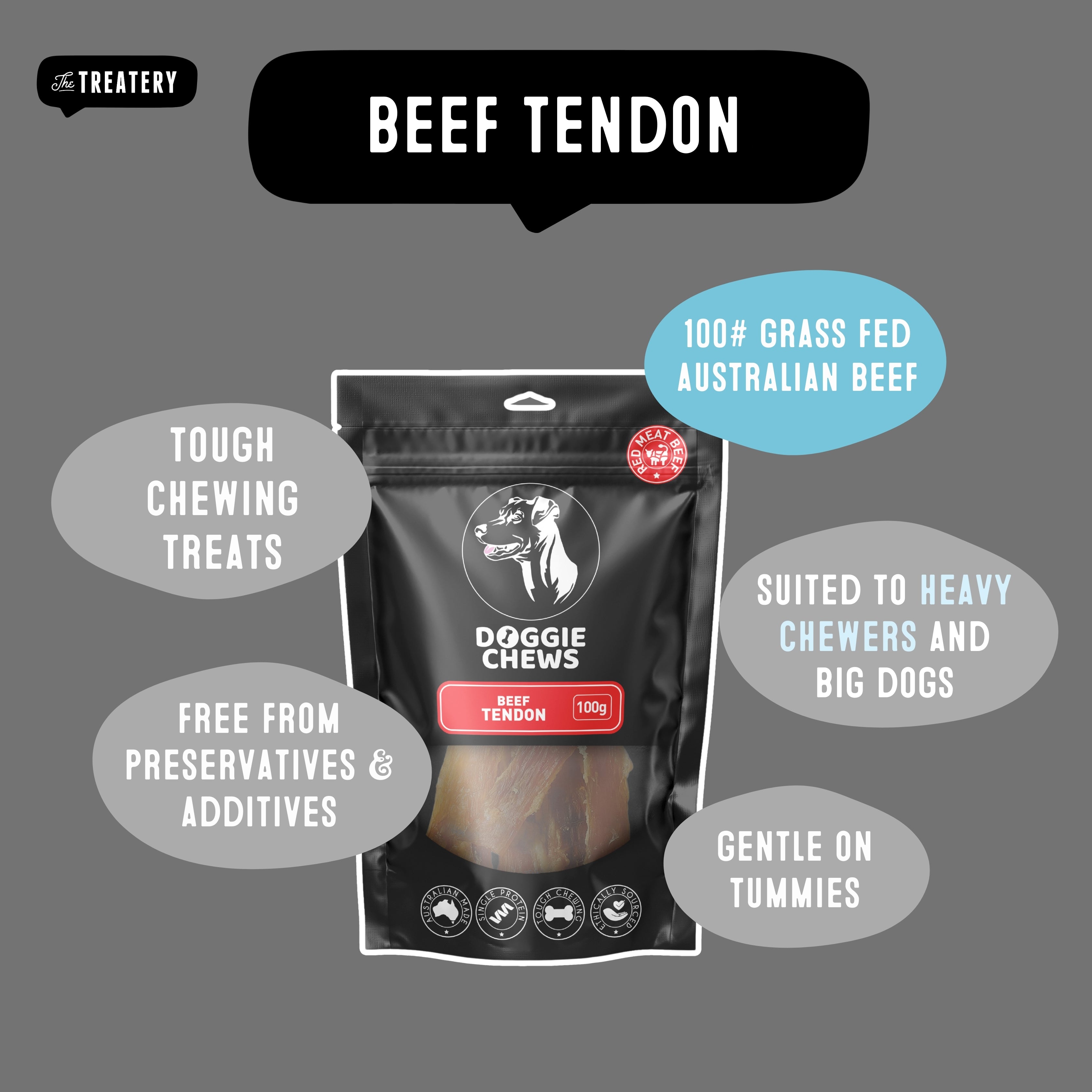 Beef tendon chews for dogs made from grass fed Australian beef perfect for heavy chewers