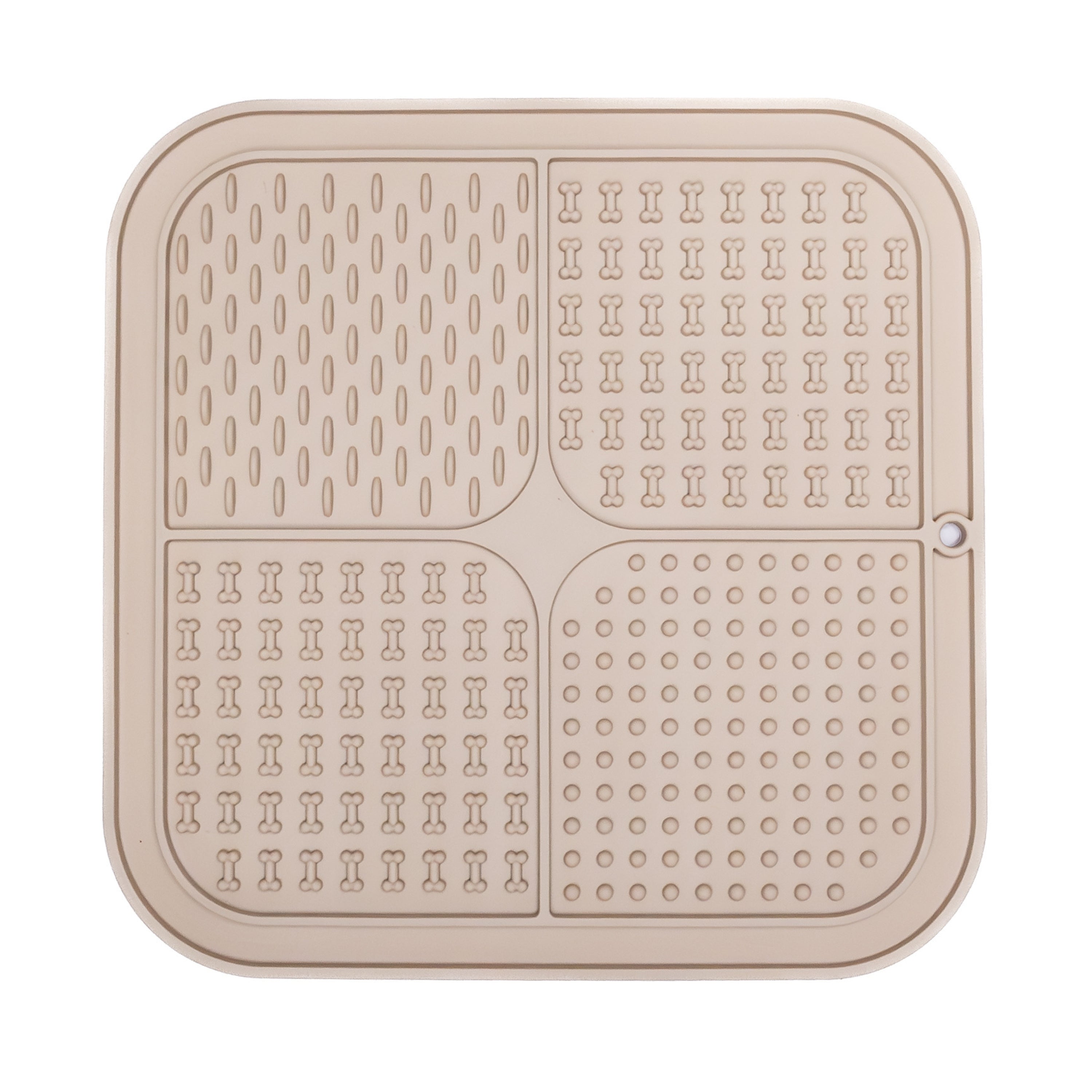 Beige FourZone Slow Feeder Mat for dogs featuring bone and droplet textures for interactive feeding and mental stimulation.