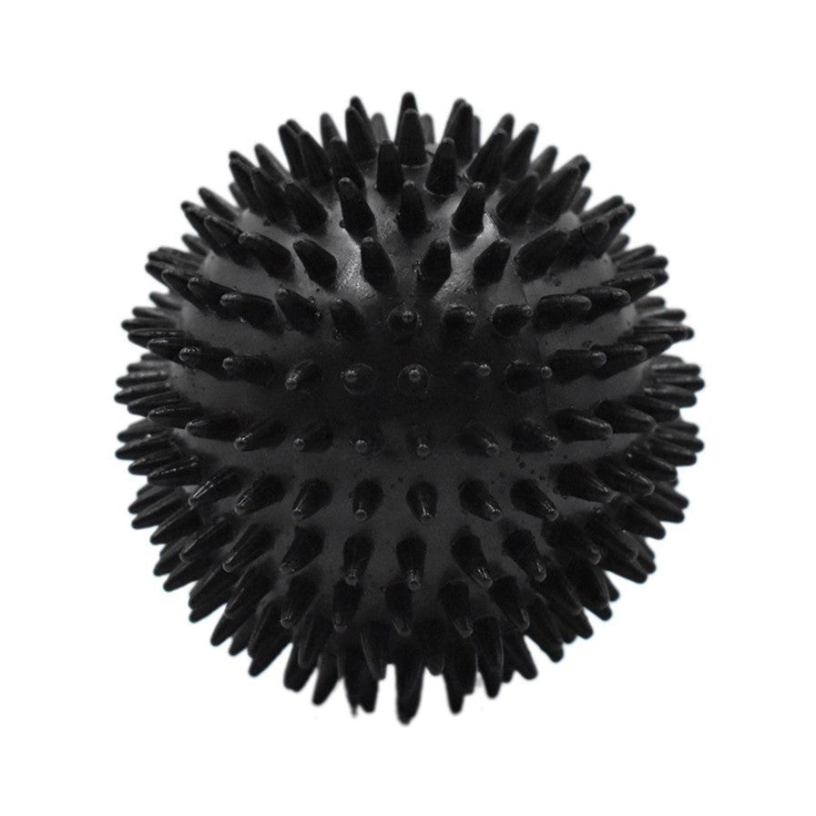 Black spiky squeaker ball from Lady Bug Plush Dog Toy, durable squeaky play toy for dogs.