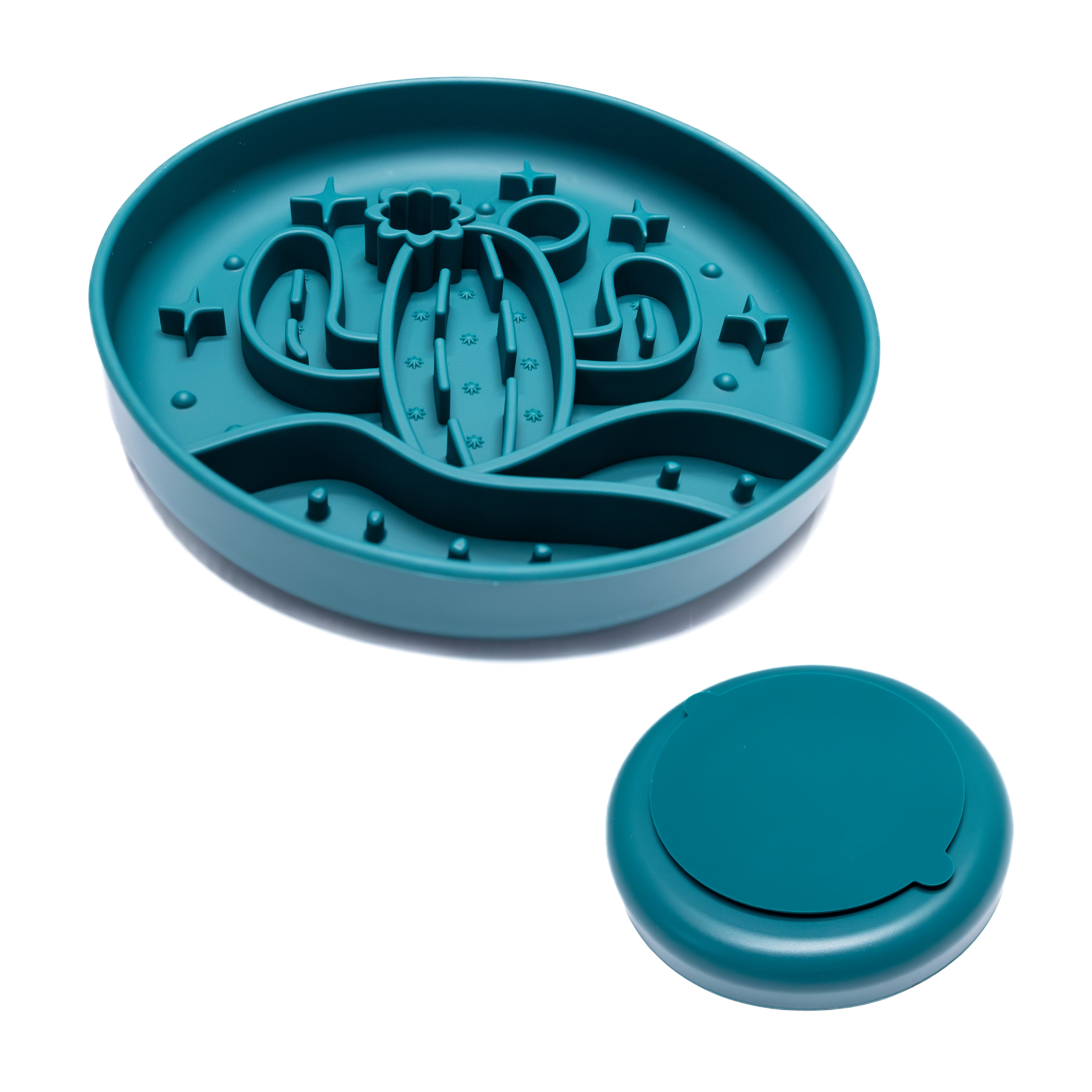 Blue Desert Cactus Slow Feeder Dog Bowl showing suction base and cactus maze design.