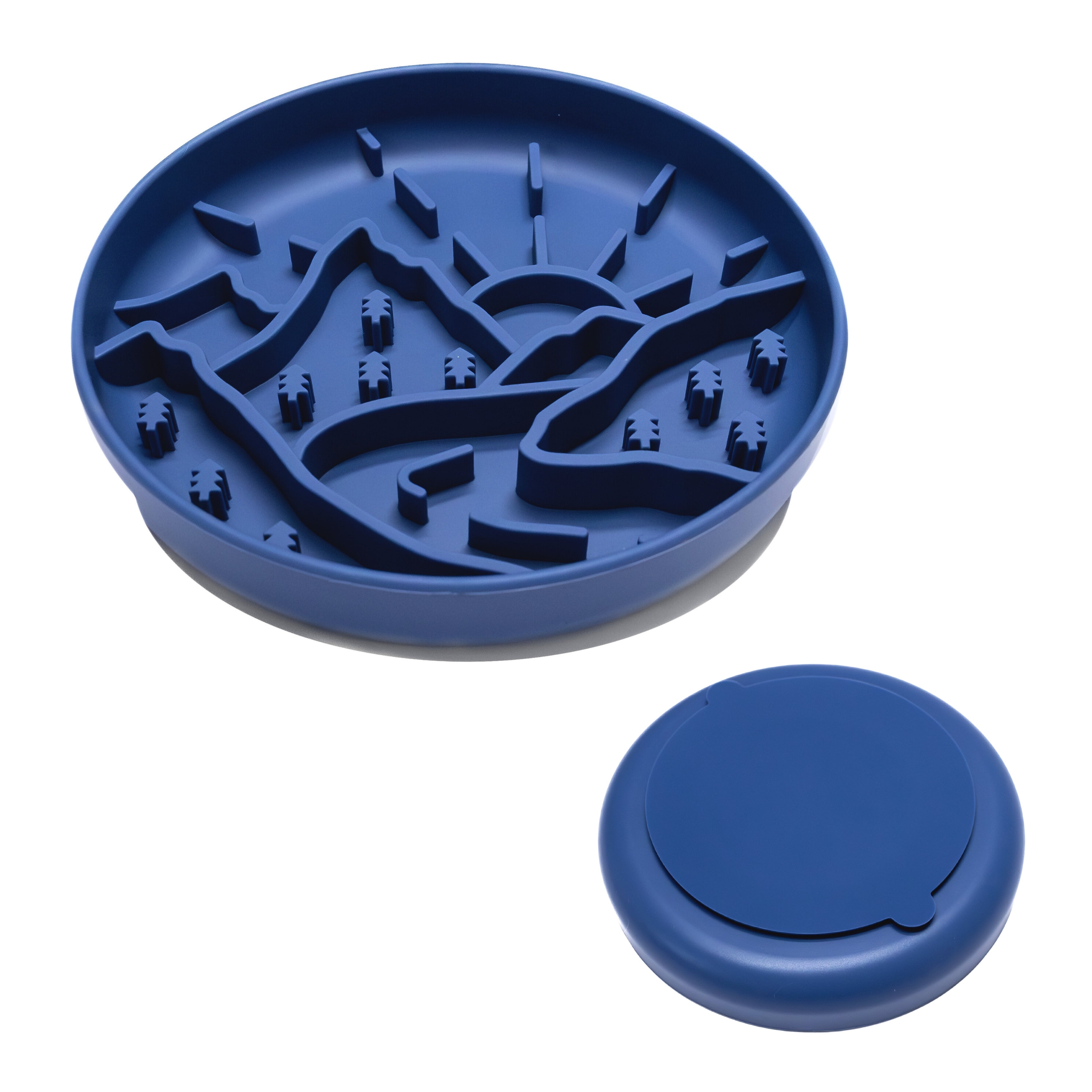Blue Mountain Sunrise Slow Feeder with detachable lid for food prep and travel enrichment promoting slow feeding for dogs.