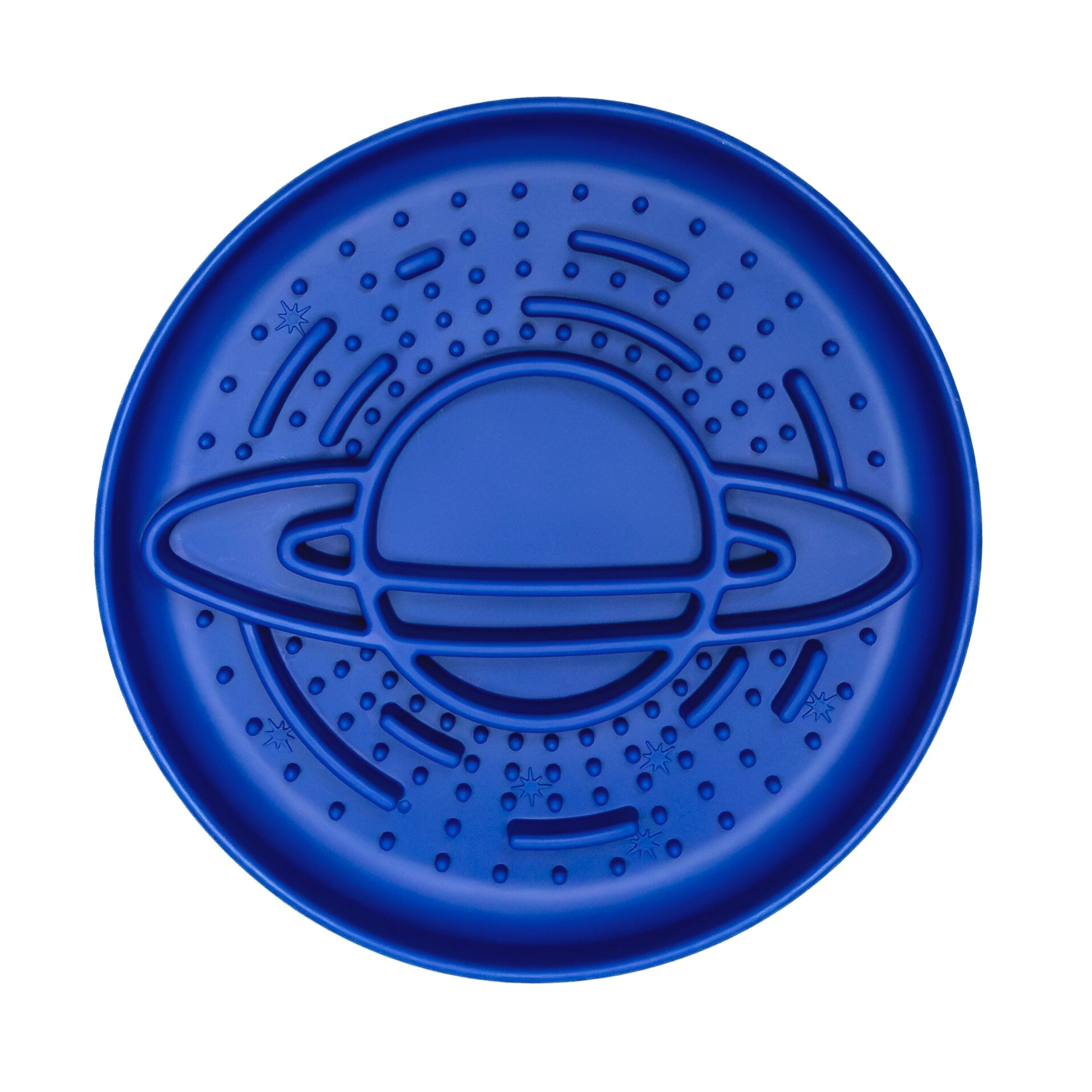Blue Planet Slow Feeder Enrichment Bowl with Saturn design enhances mealtime fun and reduces bloating for pets.