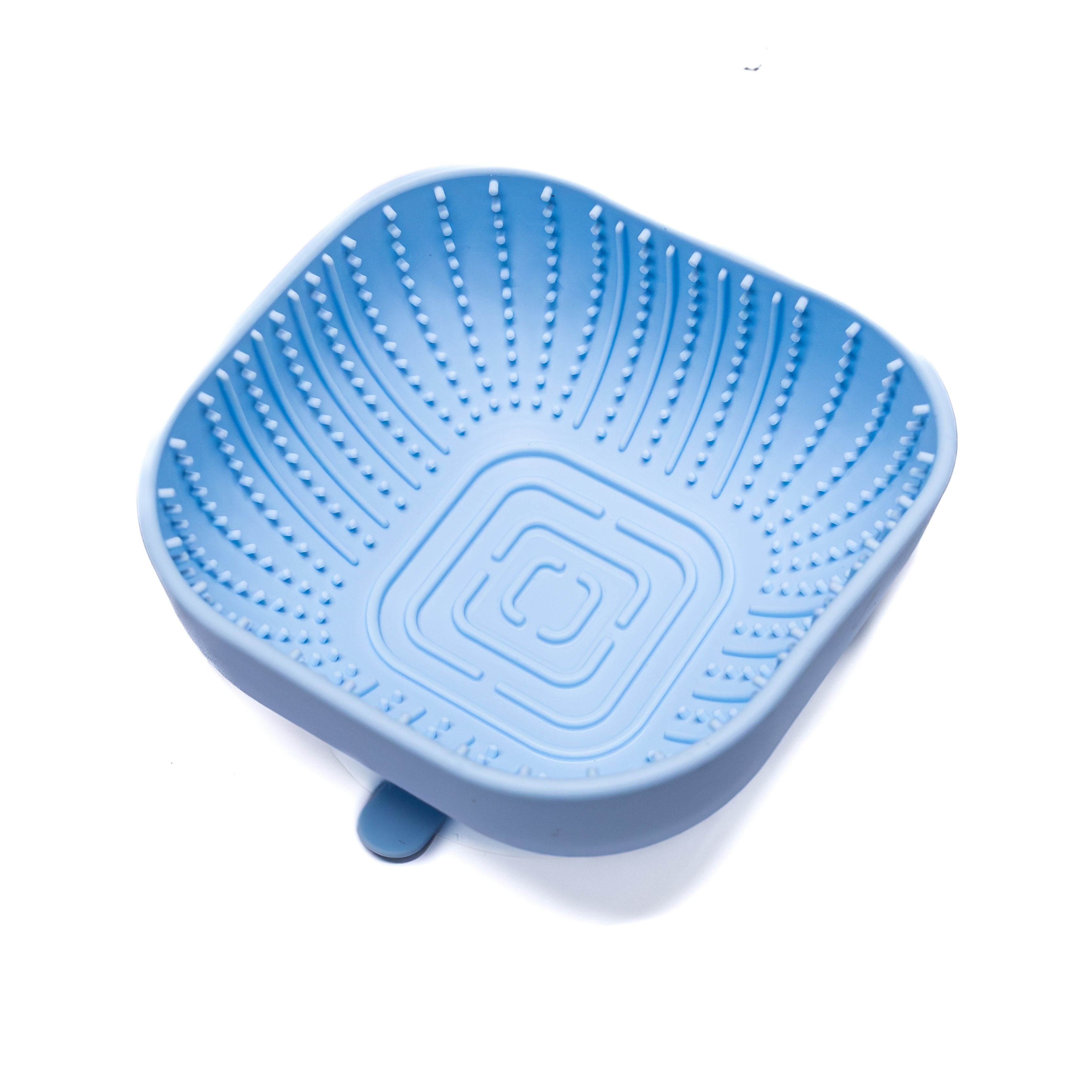 Blue Square Puppy Lick Enrichment Bowl featuring suction base and textured surface for slow feeding and anxiety relief.