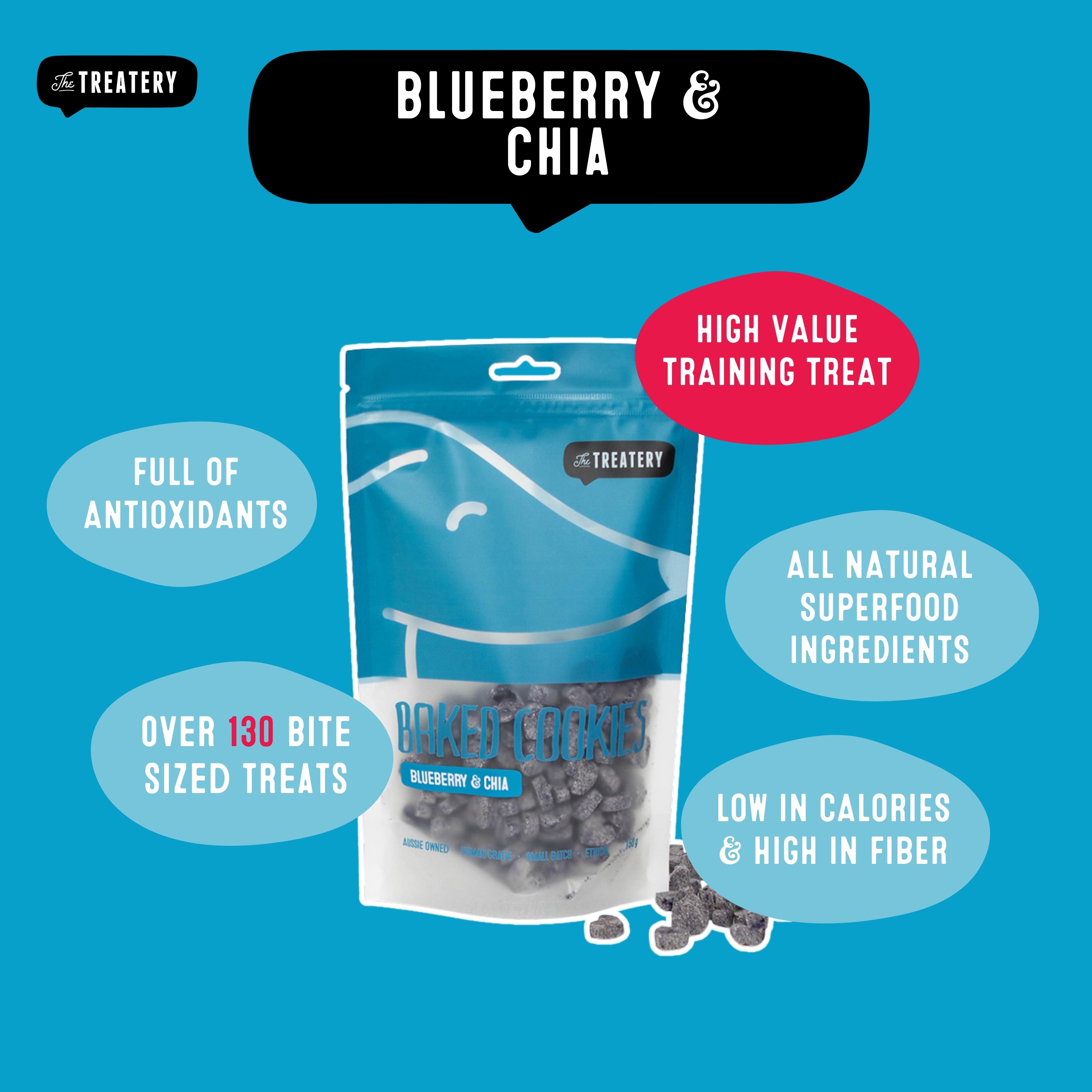Blueberry & Chia healthy training treats for dogs with natural superfood ingredients.