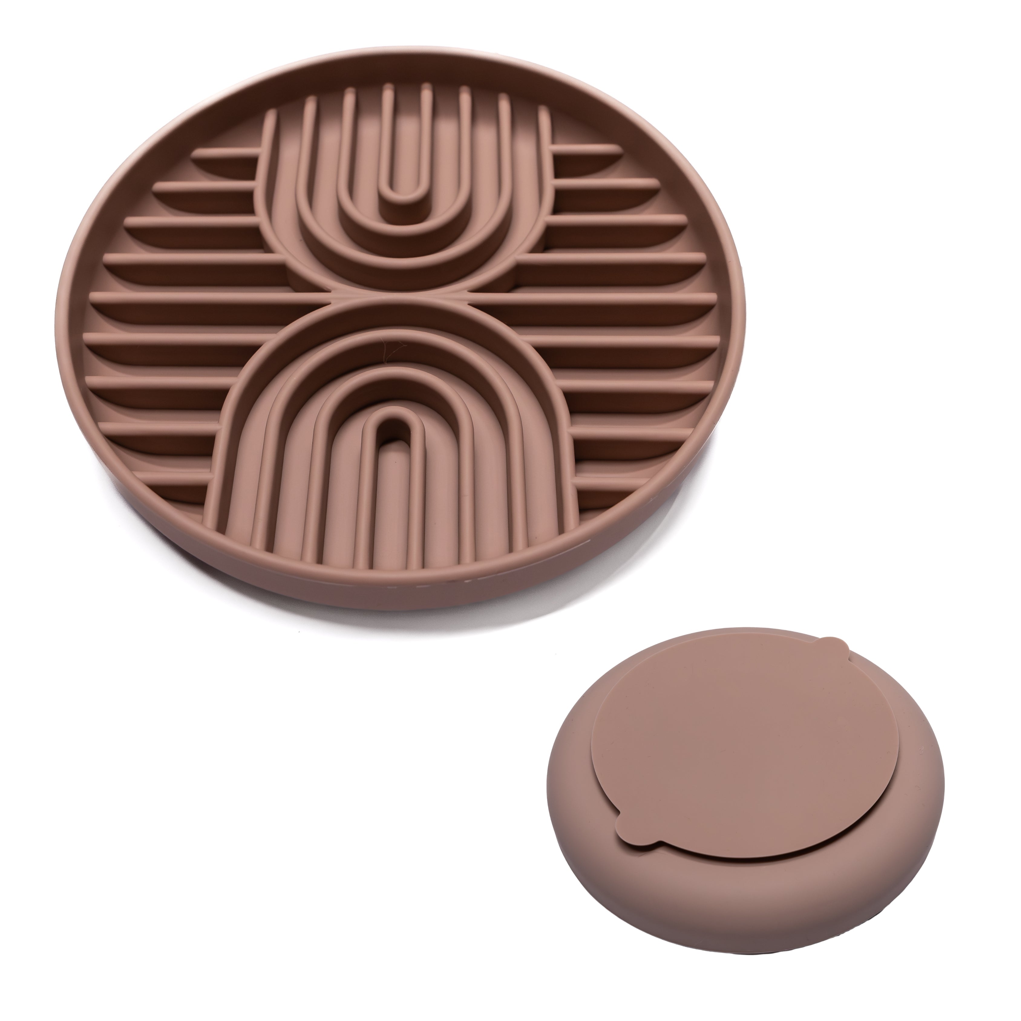 Brown Double Rainbow Slow Feeder Dog Bowl showing suction base and maze pattern.