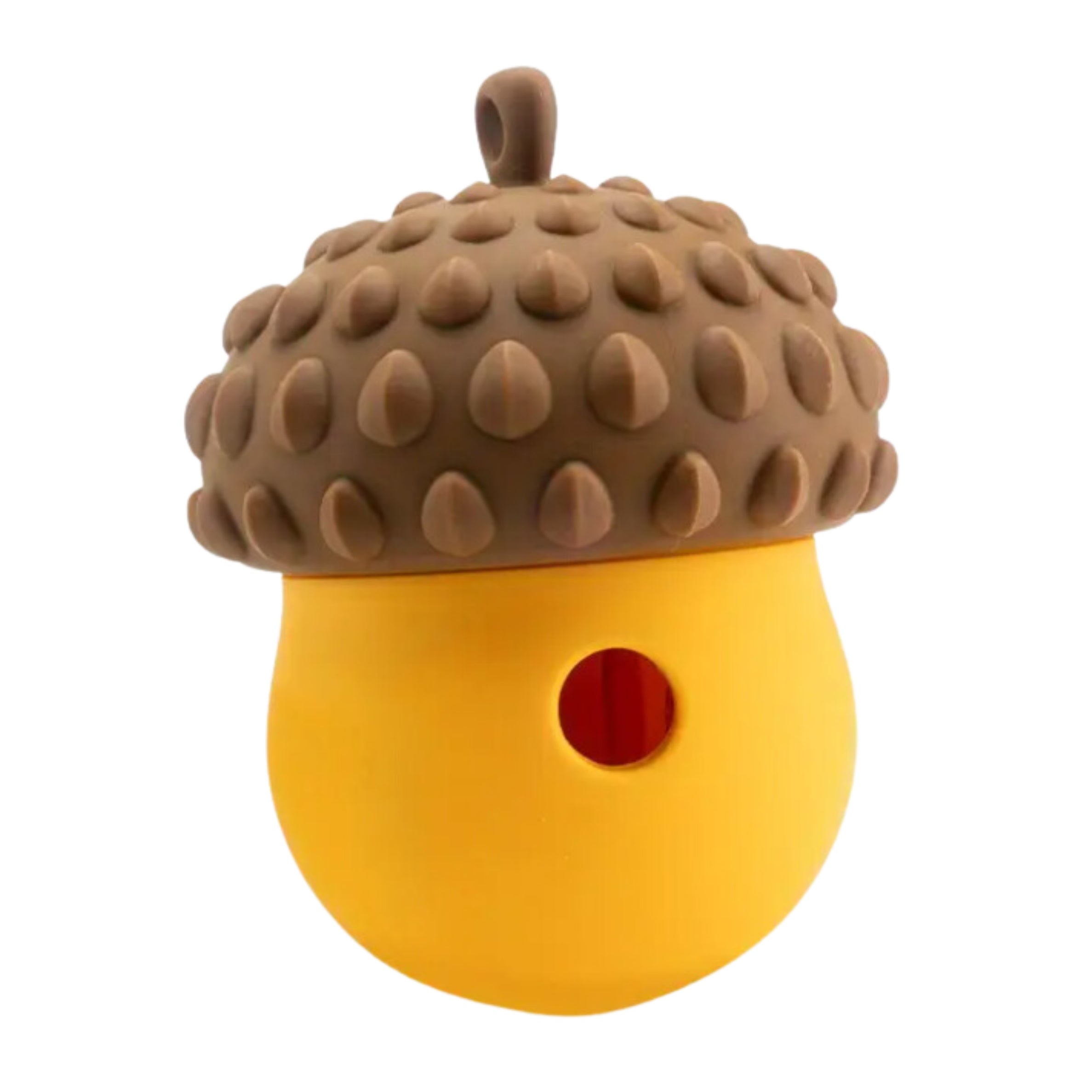 Brown and yellow Acorn Wobbler Dog Enrichment Toy for slow feeding and play.