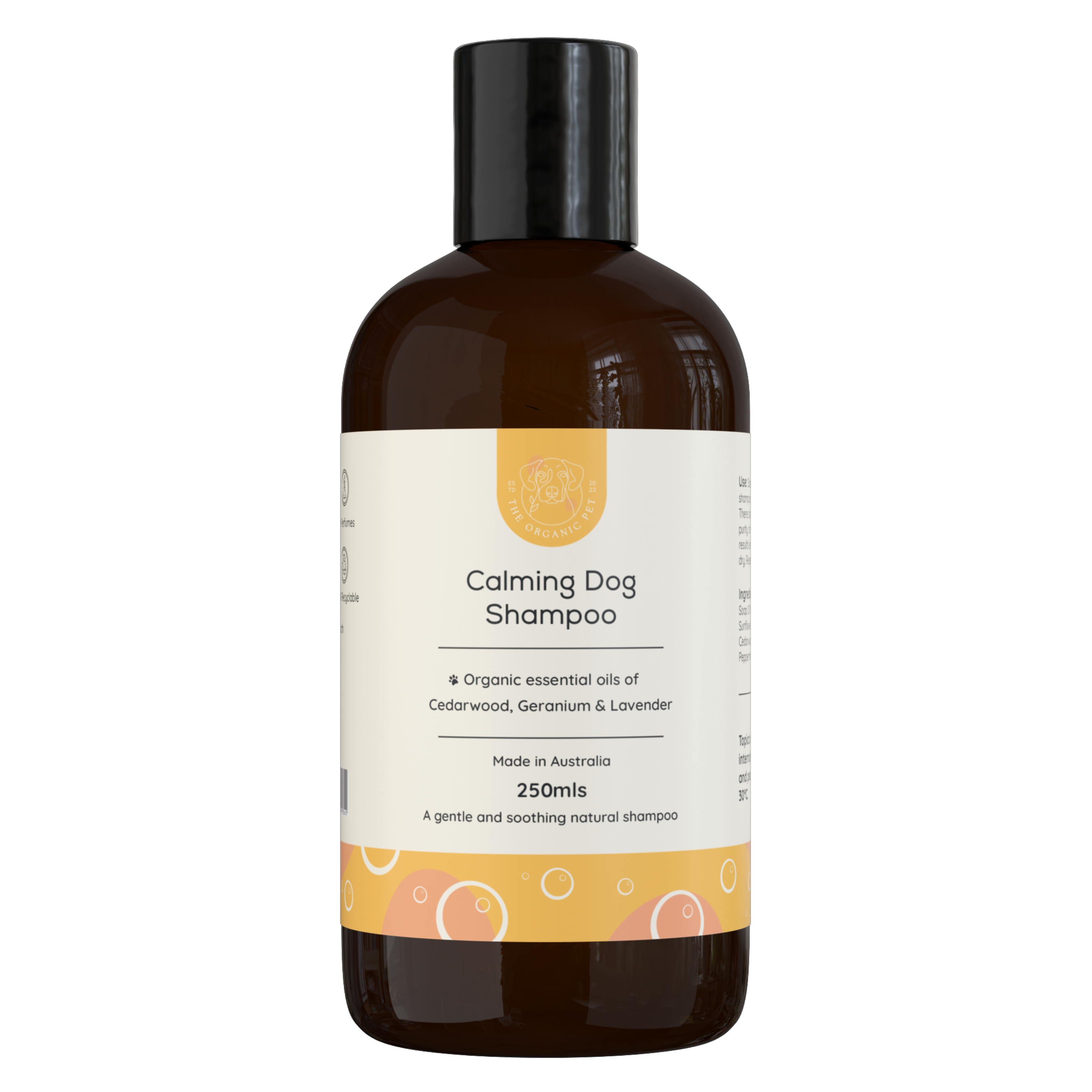 Calming Hemp Dog Shampoo with lavender geranium and cedarwood essential oils for gentle soothing wash.