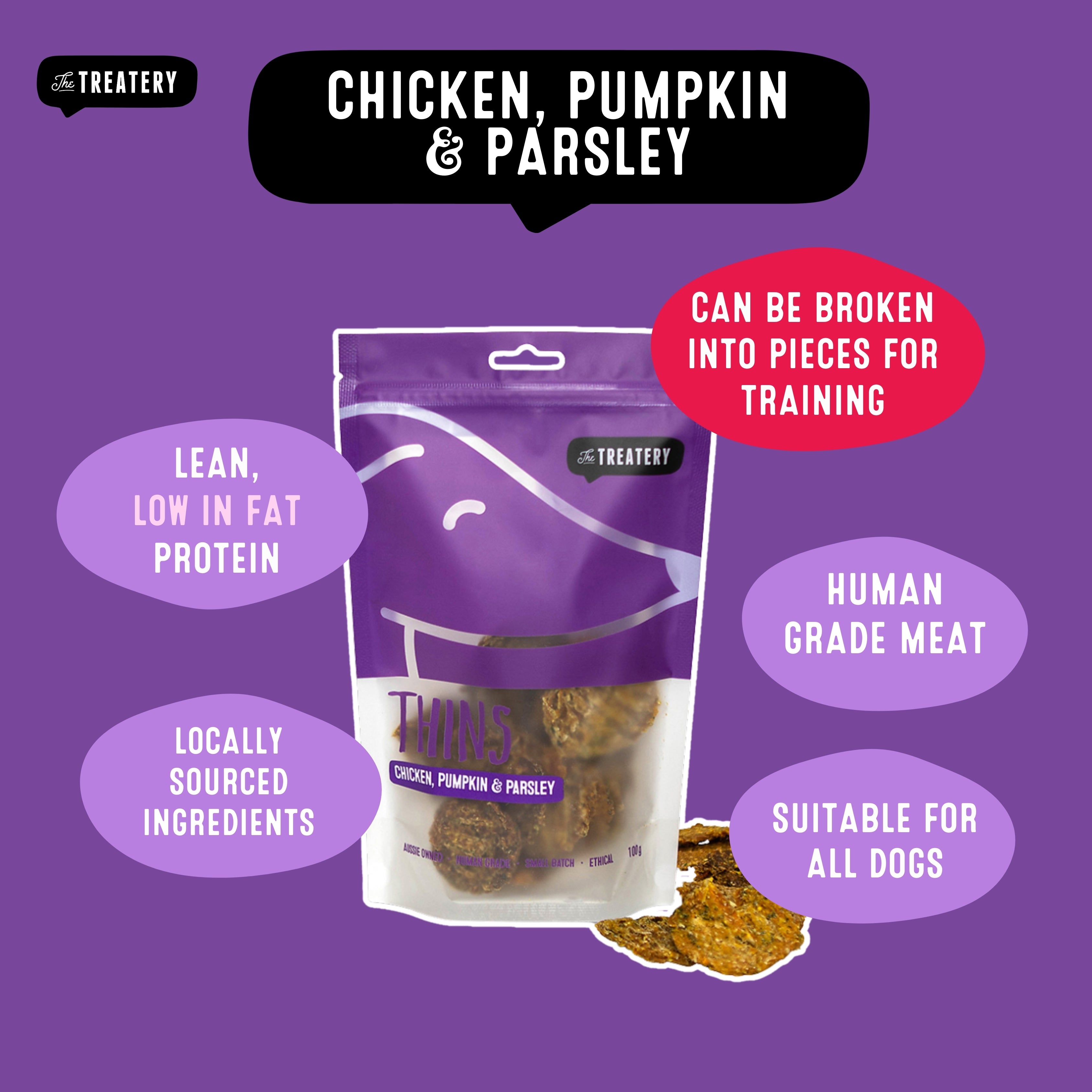 Chicken and parsley dog treats made with lean protein and local ingredients.