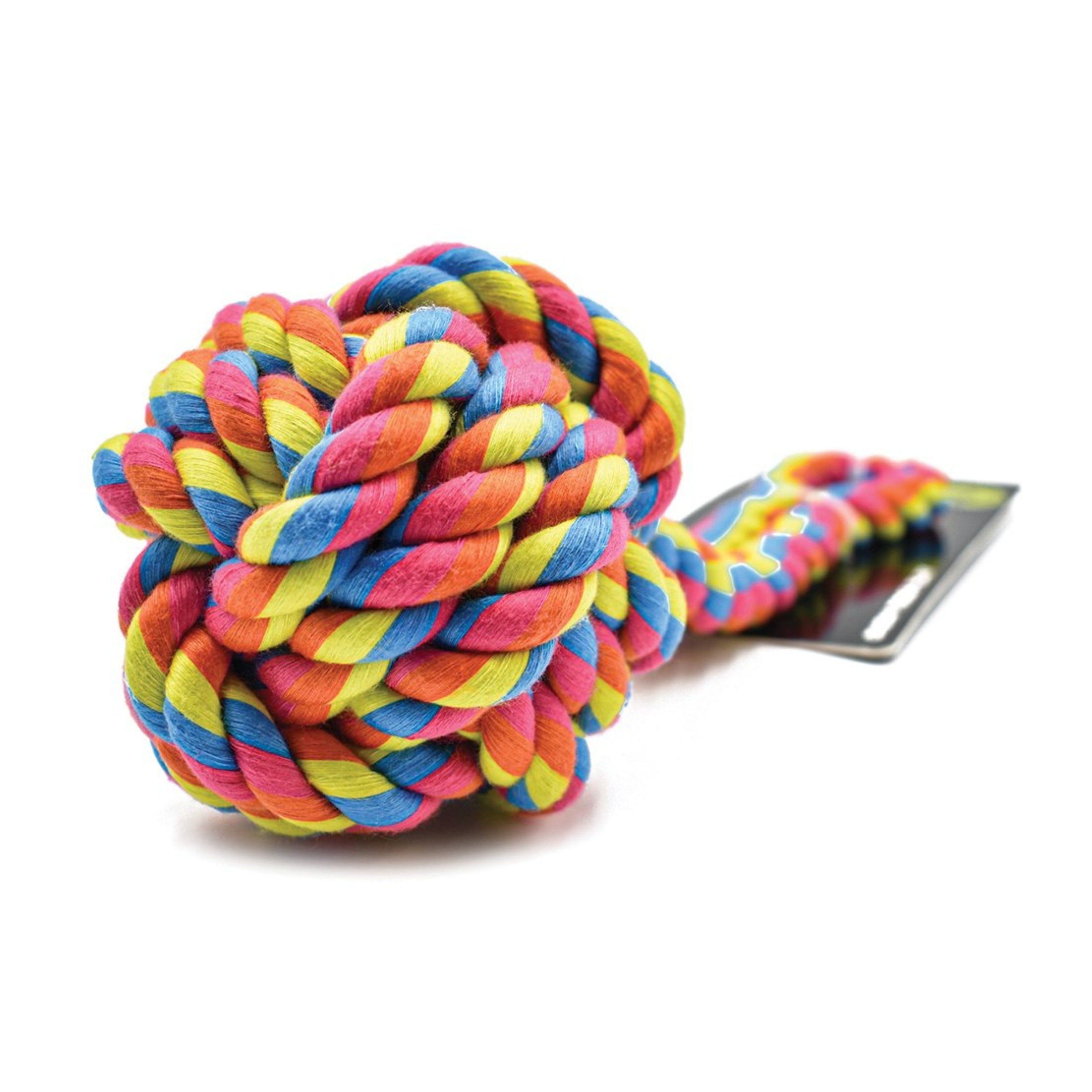 Close-up of Grip & Tug Fist durable dog rope toy, tough chew toy ropes for dogs in bright colors.