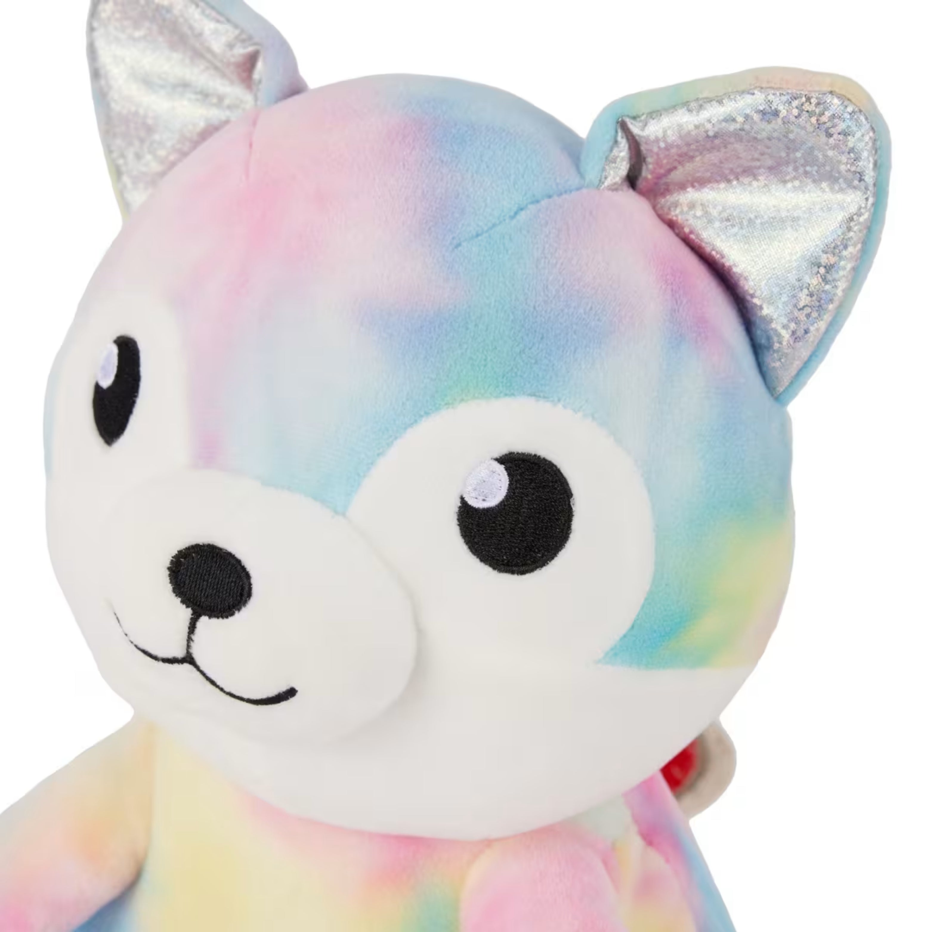 Close-up of Rainbow Tie-Dye Dog Plush Toy face with silver ears and cute smile.