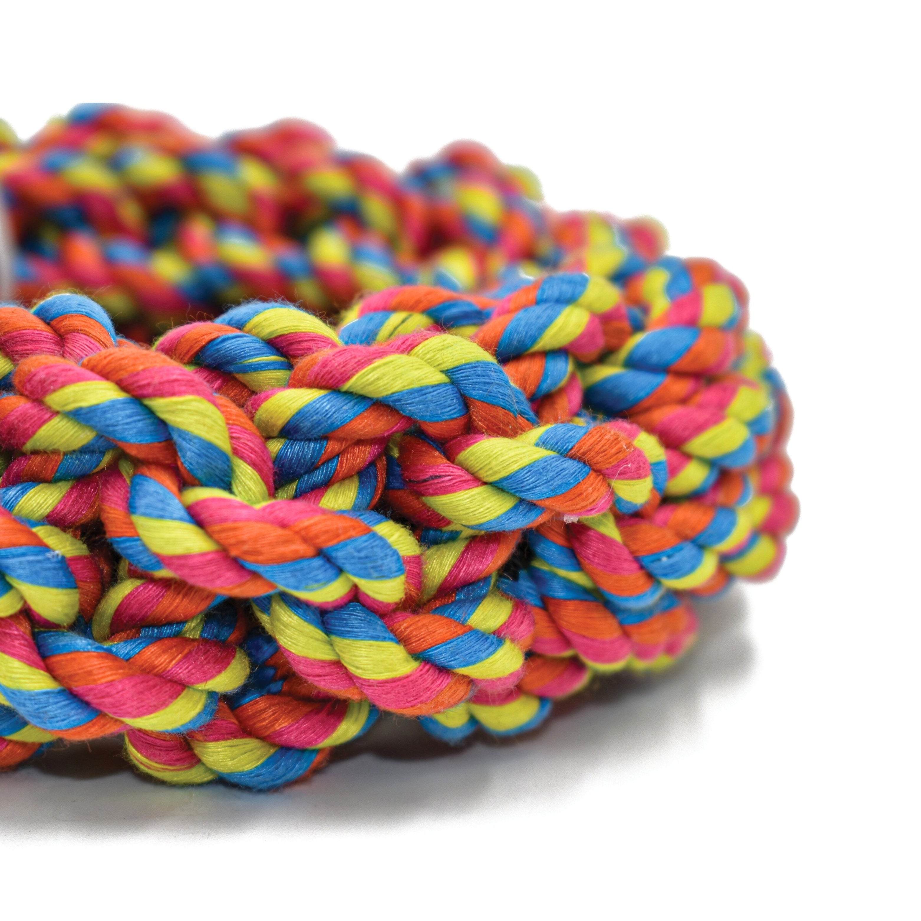 Close up of durable colorful rope dog toy strong chew toy for active playtime