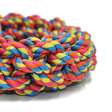 Close up of durable colorful rope dog toy strong chew toy for active playtime