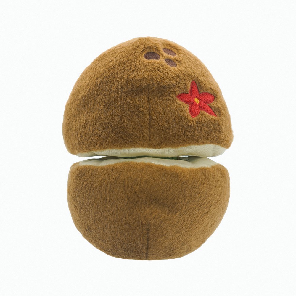 Closed coconut shell from HugSmart Puzzle Hunter Fruity Critterz Dog Toy, hide and seek plush toy.