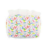 Colorful Birthday Cake Plush Dog Toy featuring sprinkle pattern and soft fabric.