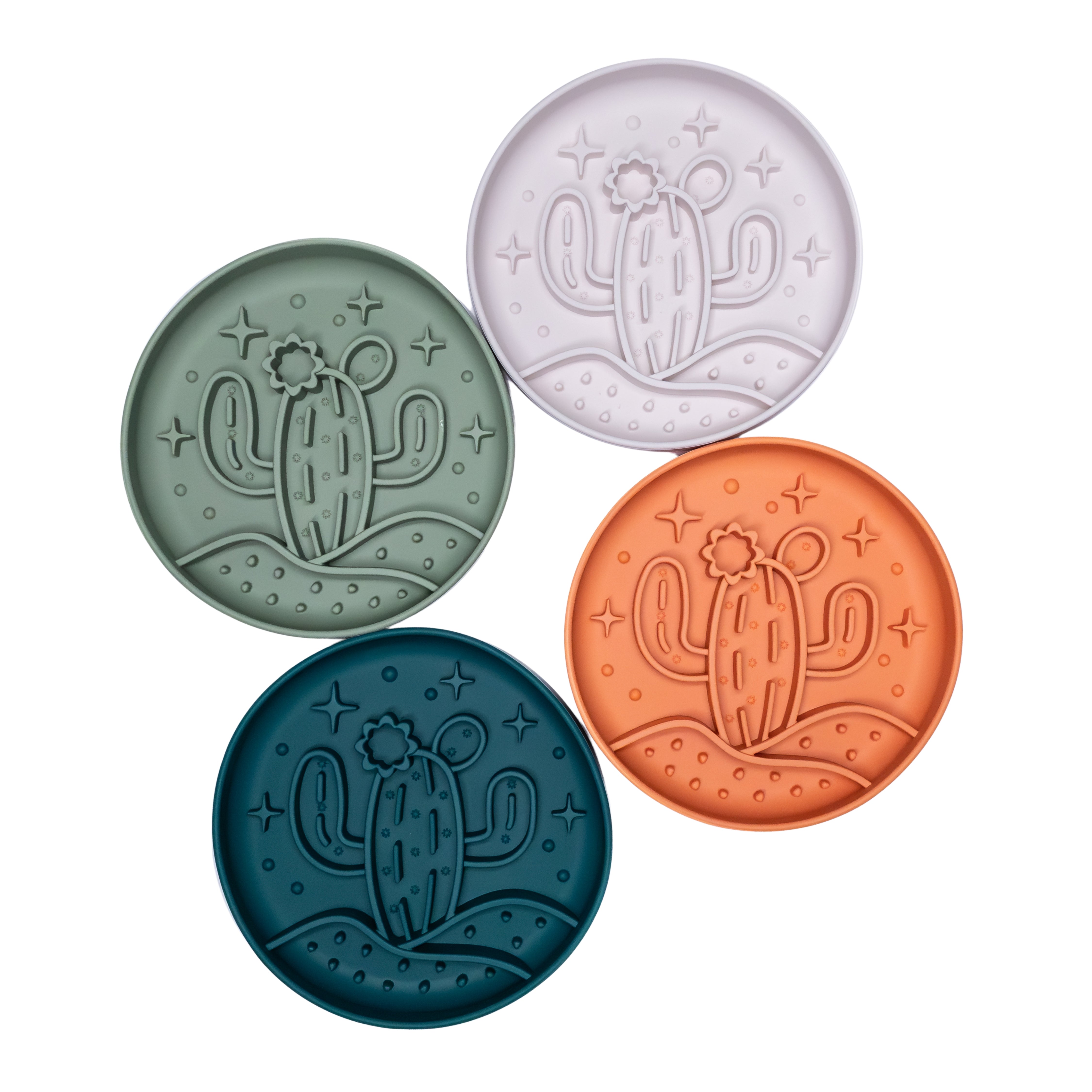 Colorful Desert Cactus Slow Feeder Bowls for dogs, non-slip silicone enrichment feeders.