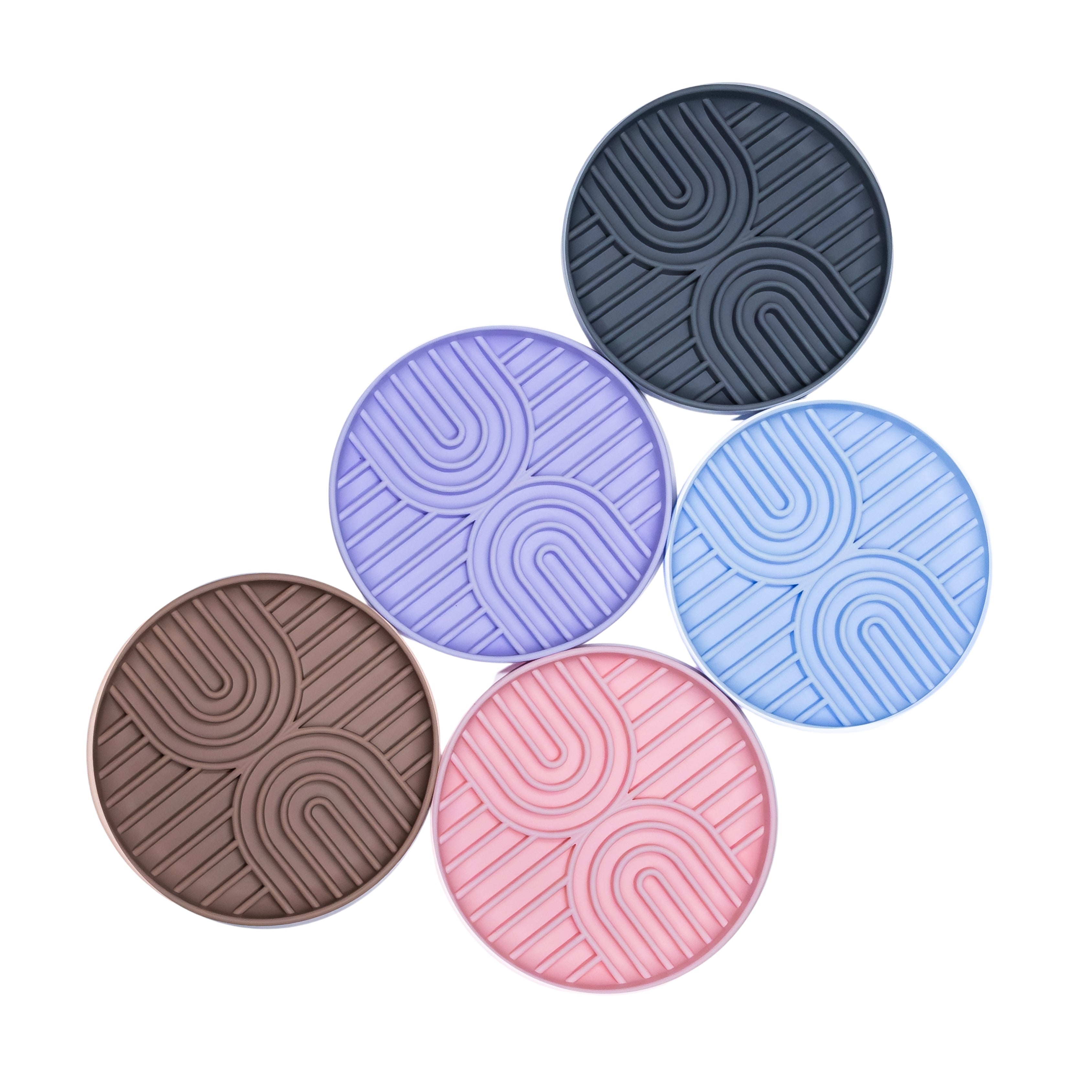Colorful Double Rainbow Slow Feeder Bowls for dogs, silicone enrichment lick mats.
