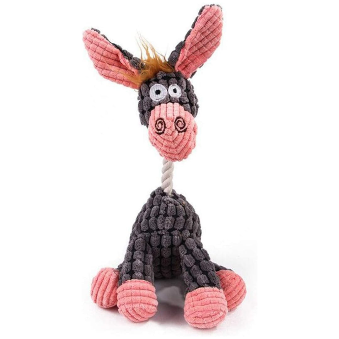 Cosy Corduroy Donkey Plush Dog Toy with rope neck, durable soft chew toy for playful dogs.