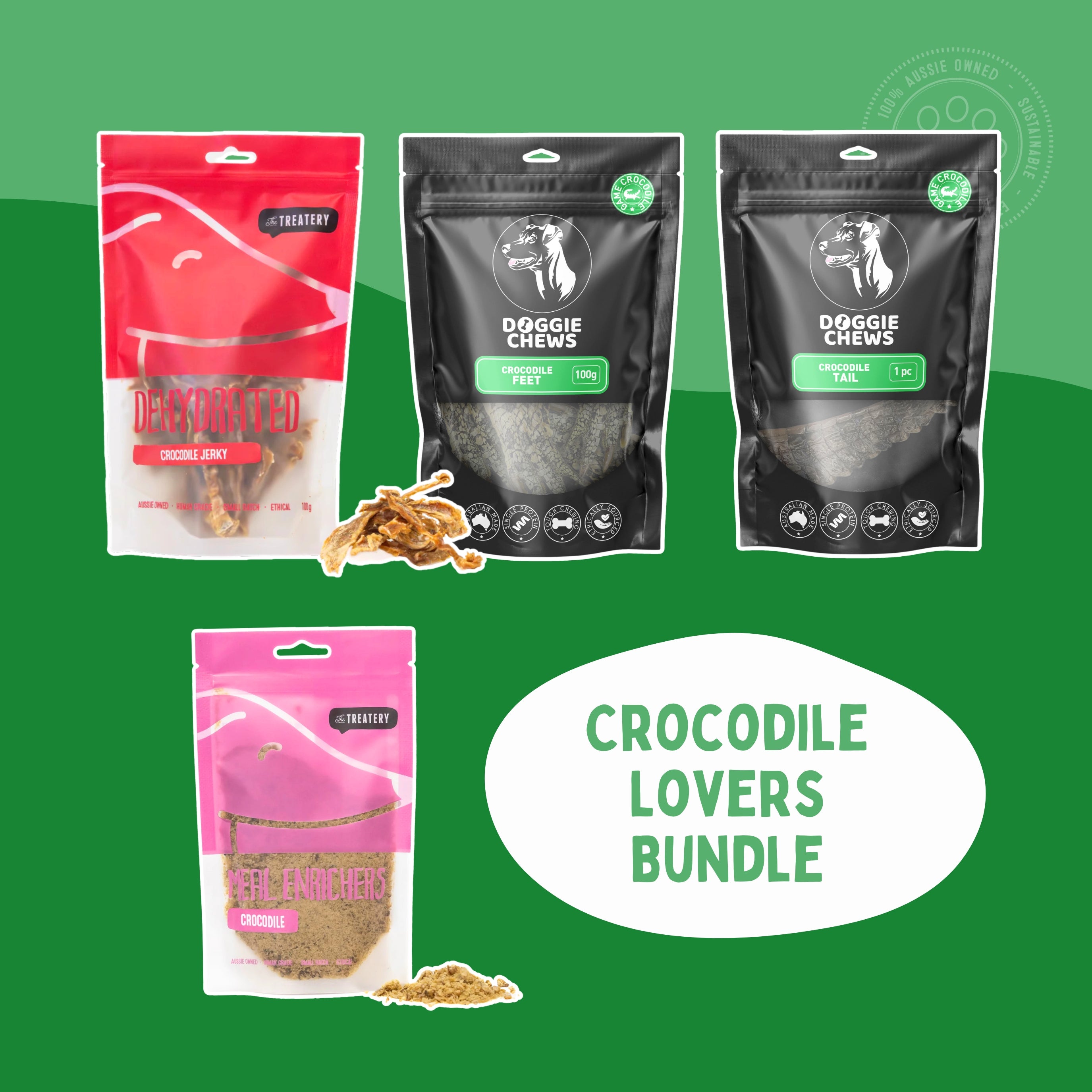 A graphic representation of a Crocodile Dog Treat Bundle with four different packaged treats labeled as Crocodile Jerky, Crocodile Meal Enricher, Crocodile Tails, and Crocodile Feet. The background is green with a white oval highlighting the bundle name.