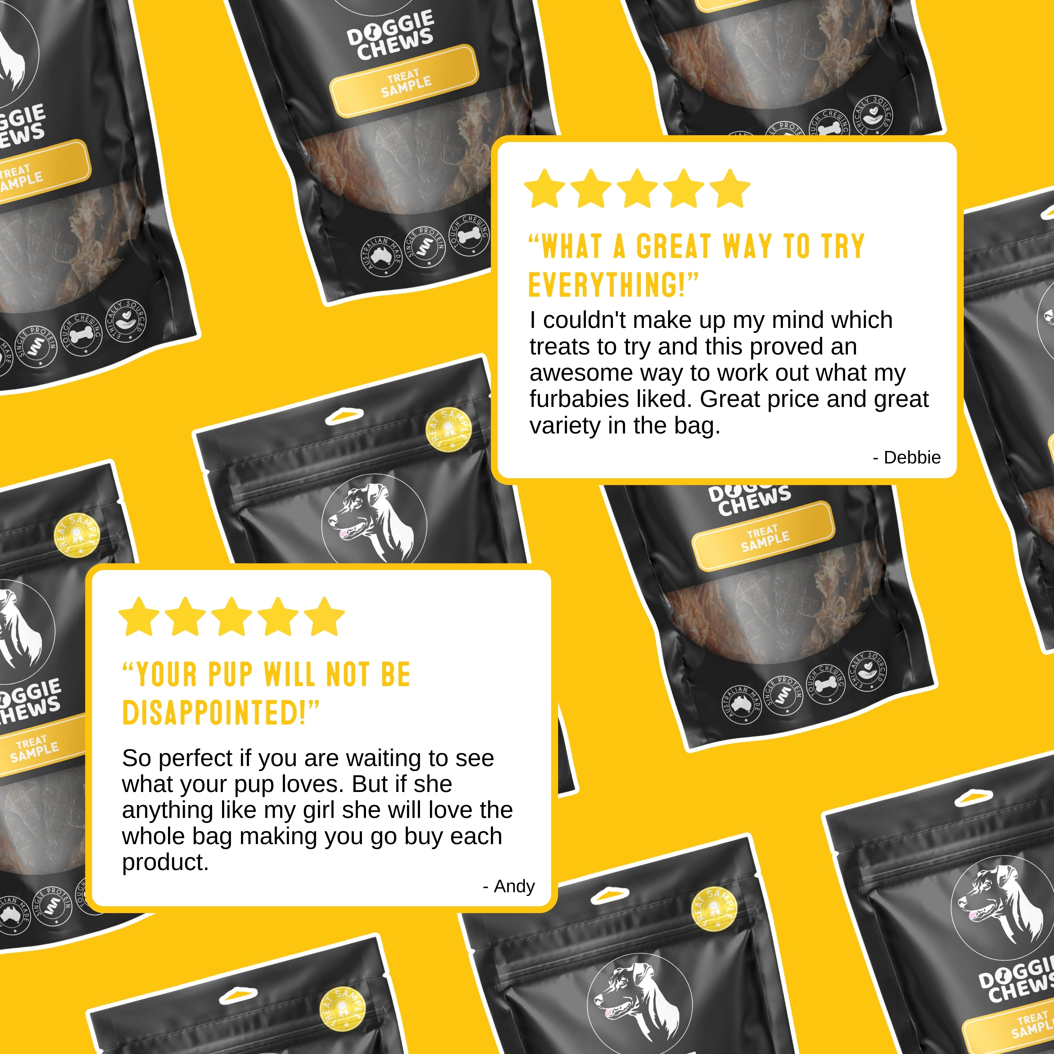 Customer reviews for mixed dog chews sample bag praising quality and product variety