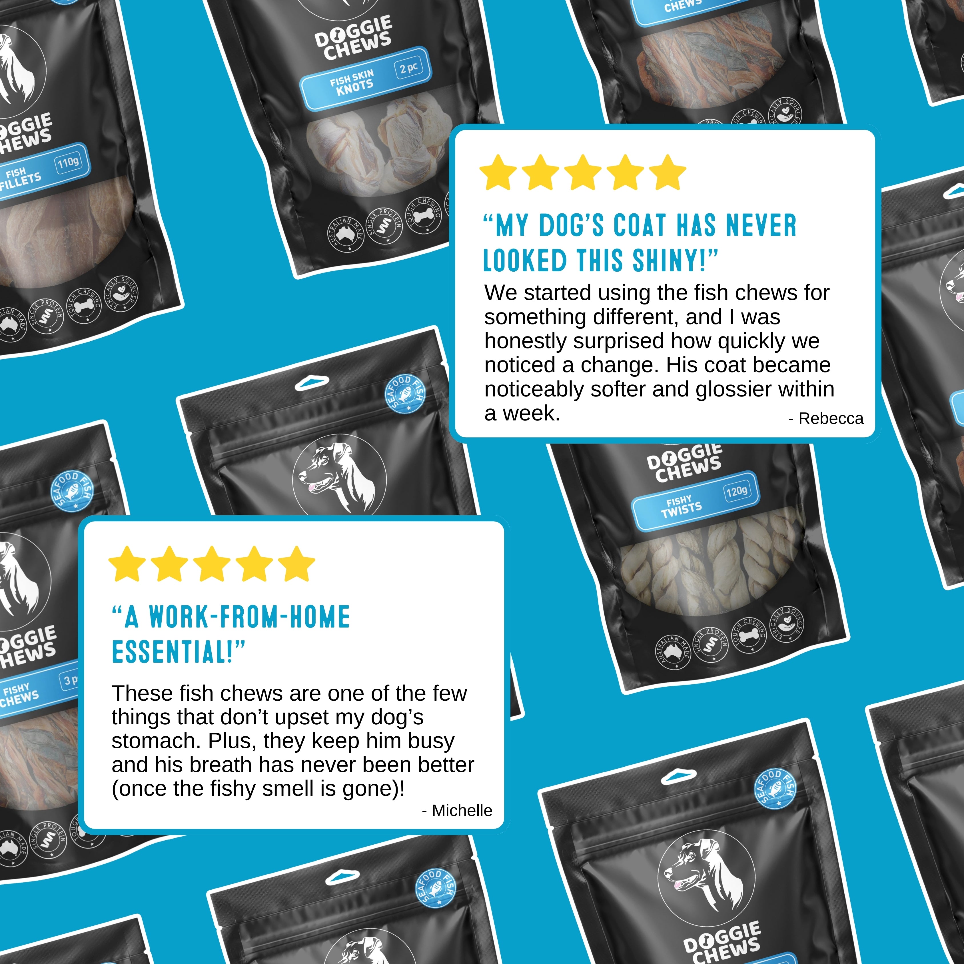 Customer reviews highlighting fishy chews for dogs improving coat shine and freshness