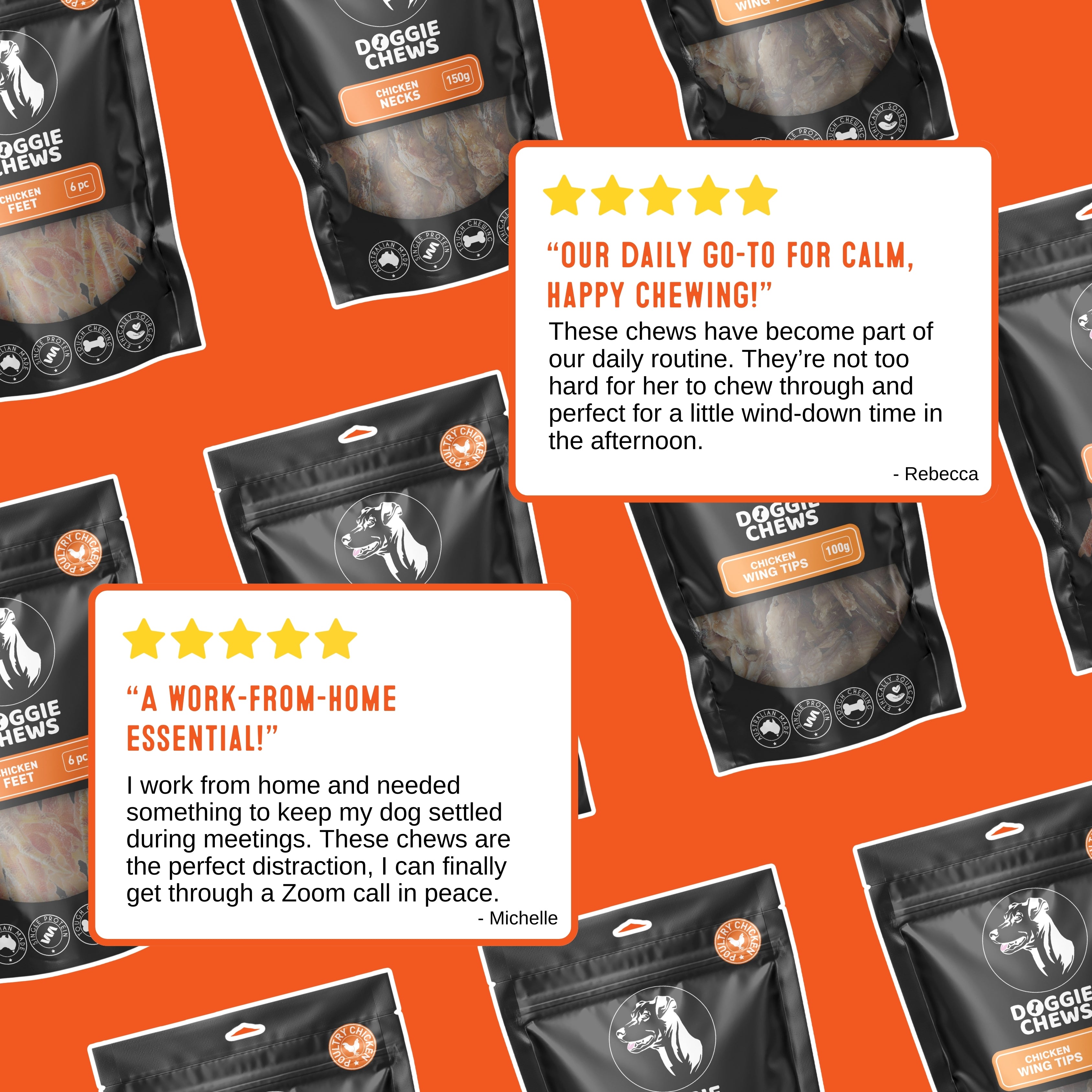 Customer reviews praising Chicken Wing Tips dog treats for calm chewing and daily enrichment.