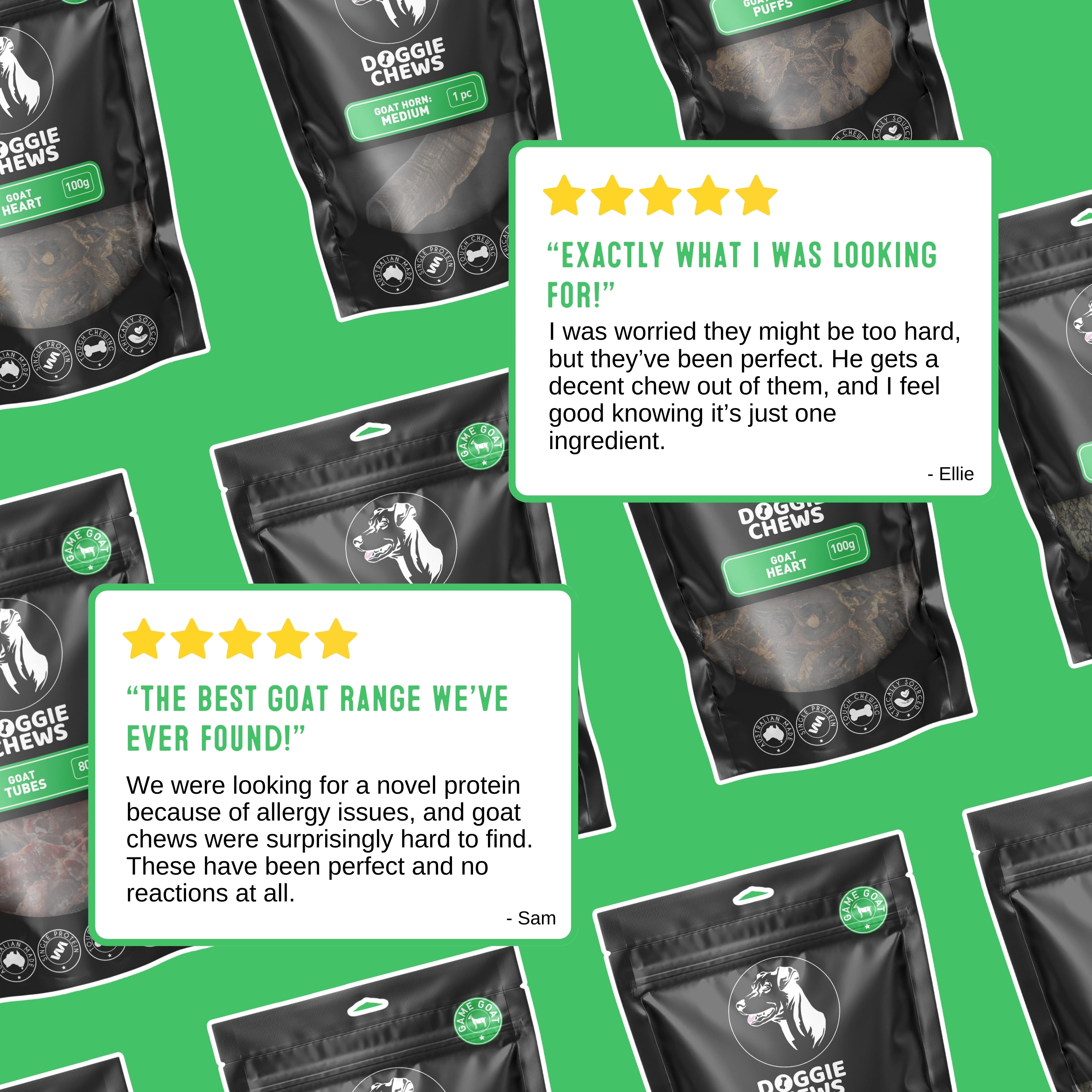 Customer reviews praising Goat Heart dog treats as high value single protein chew for allergy prone dogs.