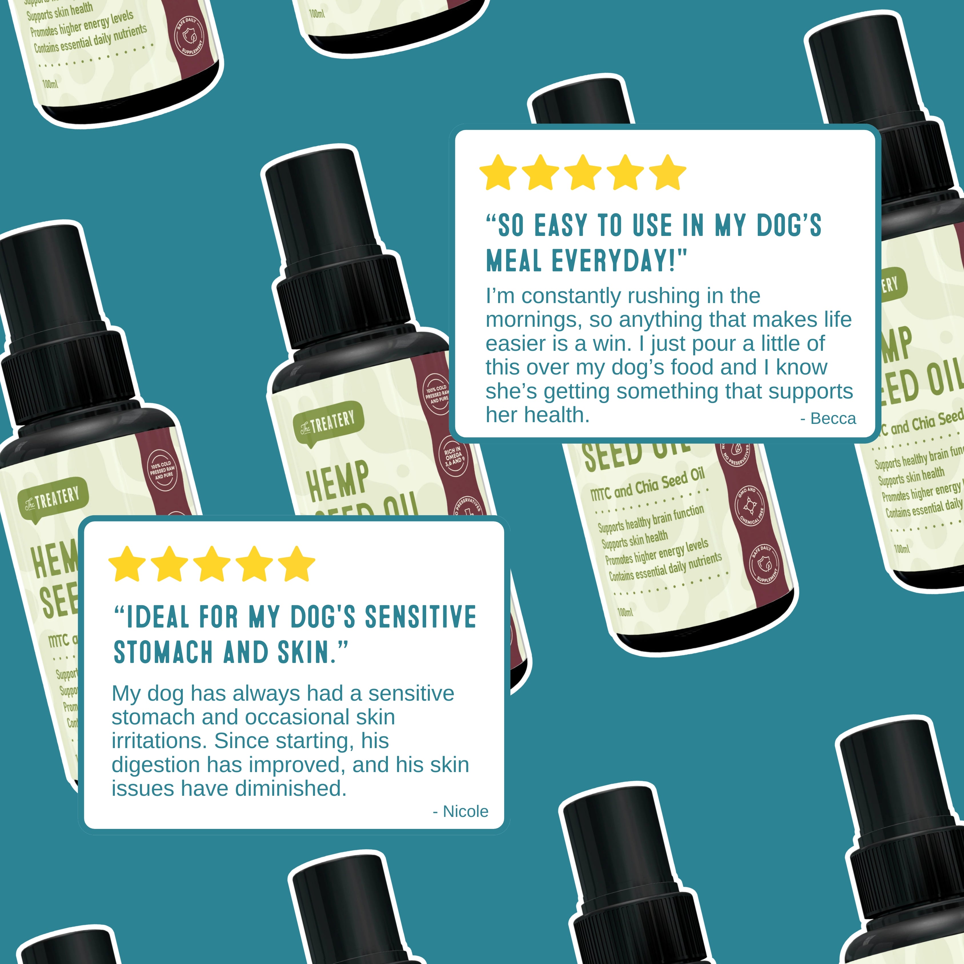 Customer reviews praising Hemp Seed Oil for improving dog digestion, skin sensitivity, and overall health support.