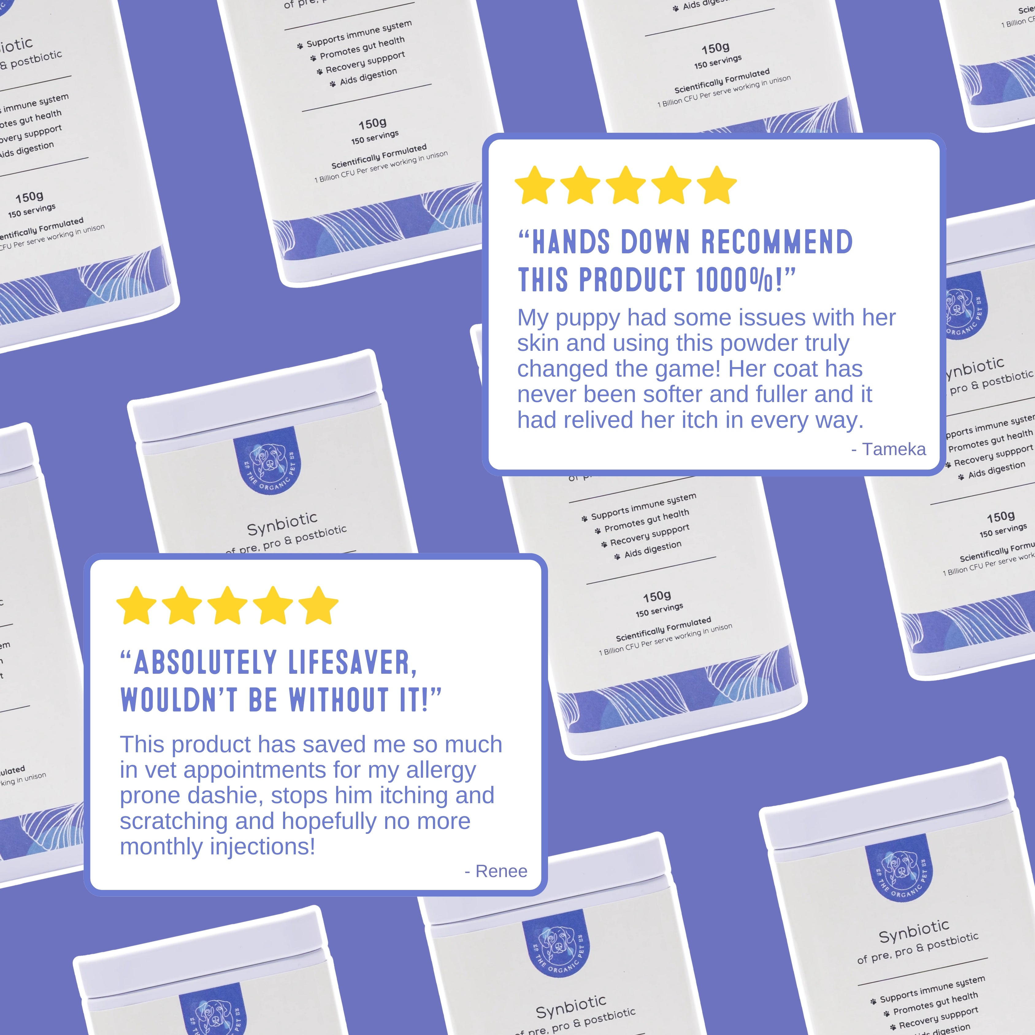 Customer reviews praising Synbiotic probiotic for improving skin coat and allergy relief in dogs and cats.