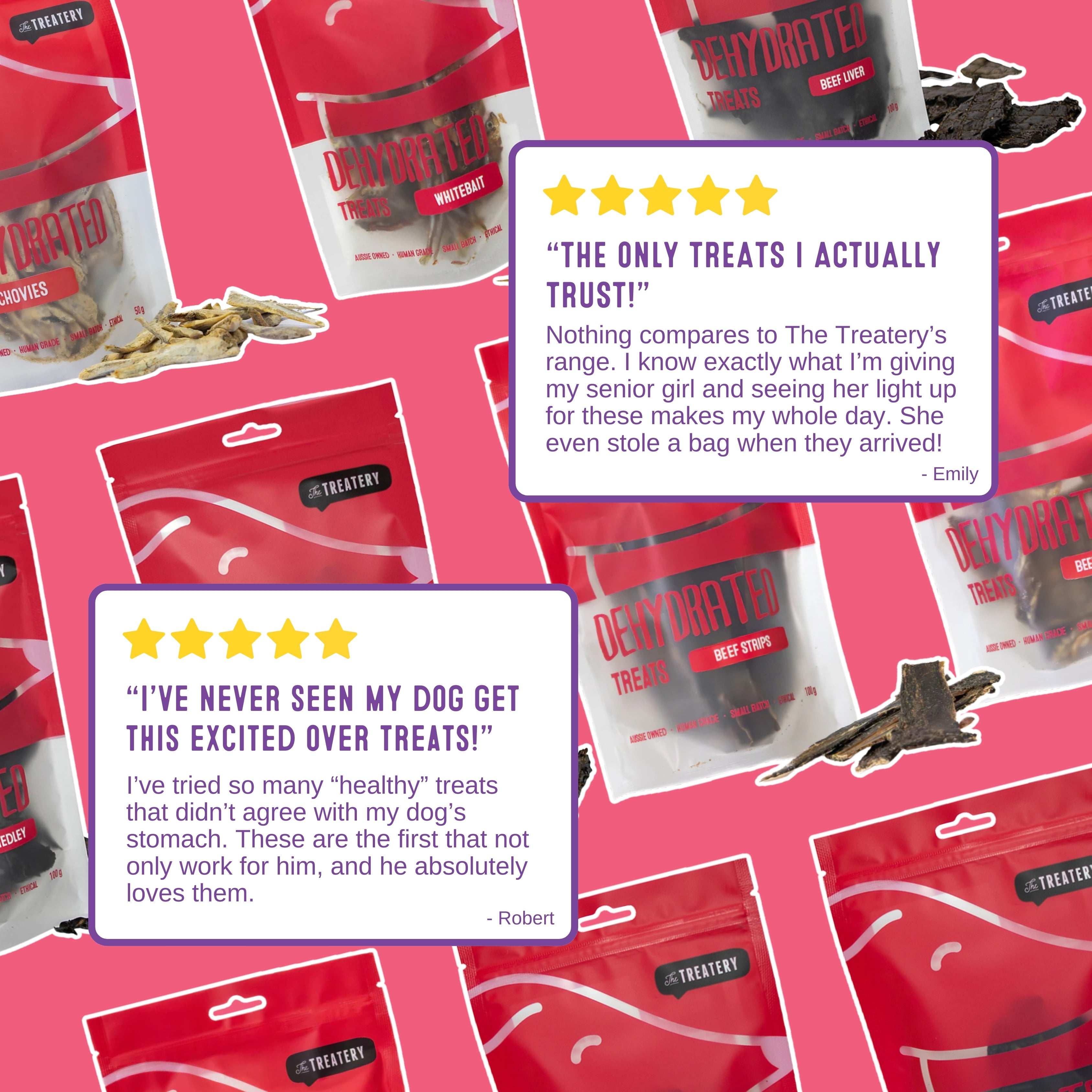 Customer reviews praising The Treastery Goat Medley dog treats with product packs in background.