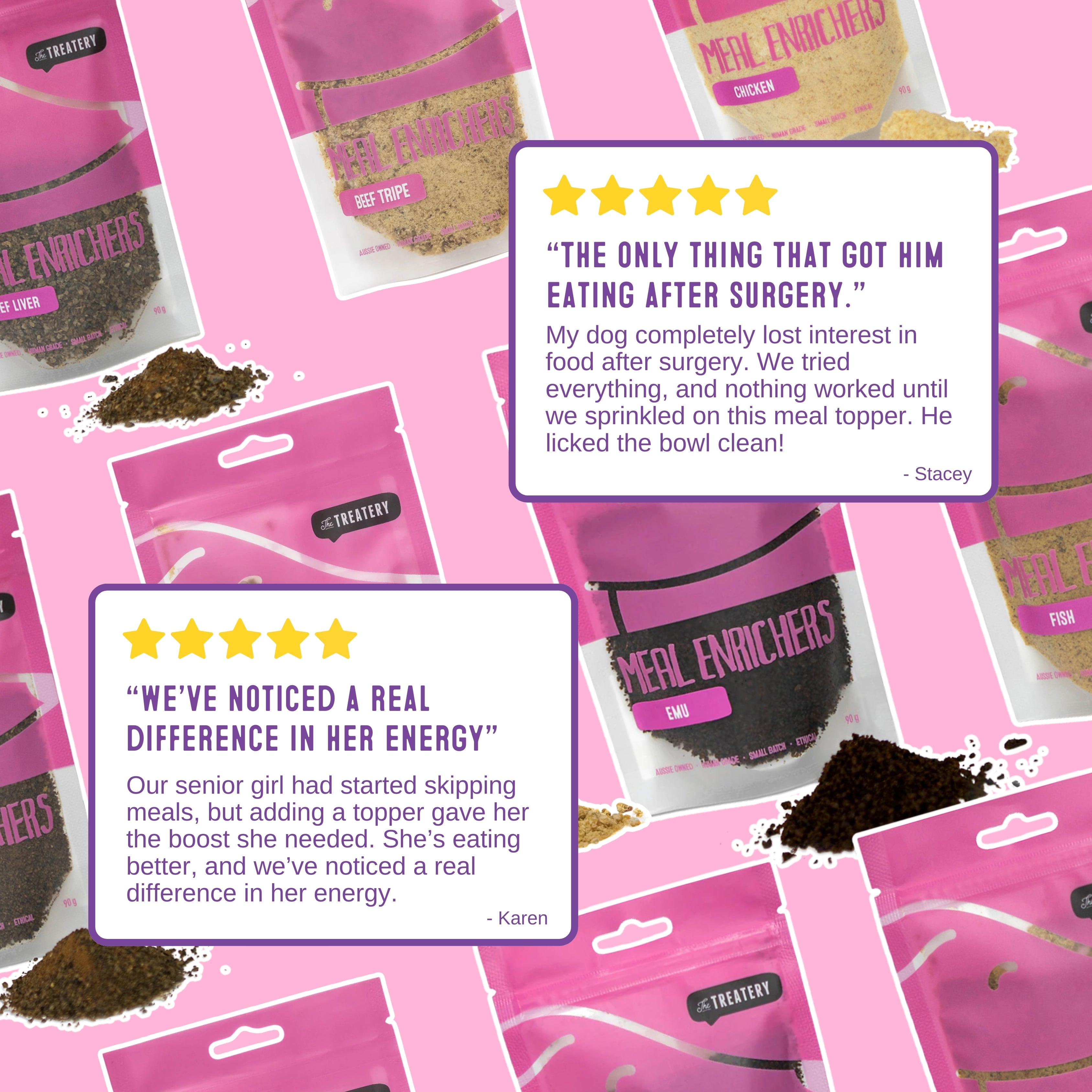 Customer reviews praising beef tripe meal topper for dogs for better energy